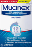 Bouteille Mucinex montrant les comprimés 12h pour l'expectoration et le soulagement