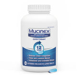 Mucinex bouteille-tablettes bi-layer montrant le soulagement prolongé de la congestion thoracique.