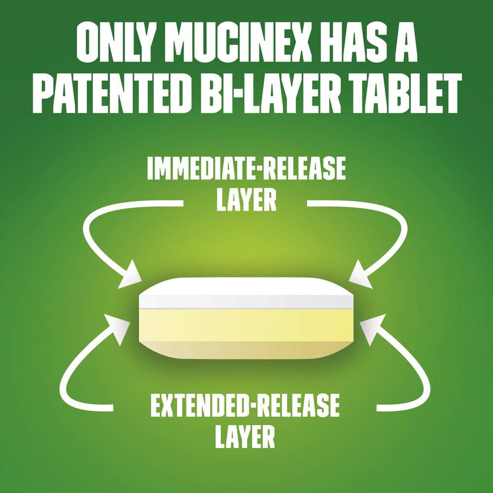 Comprimés bi-couche Mucinex DM 12h en gros plan.