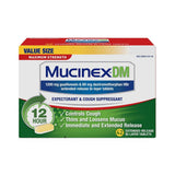 Flacon Mucinex DM 12h avec pilules pour fluidifier le mucus.