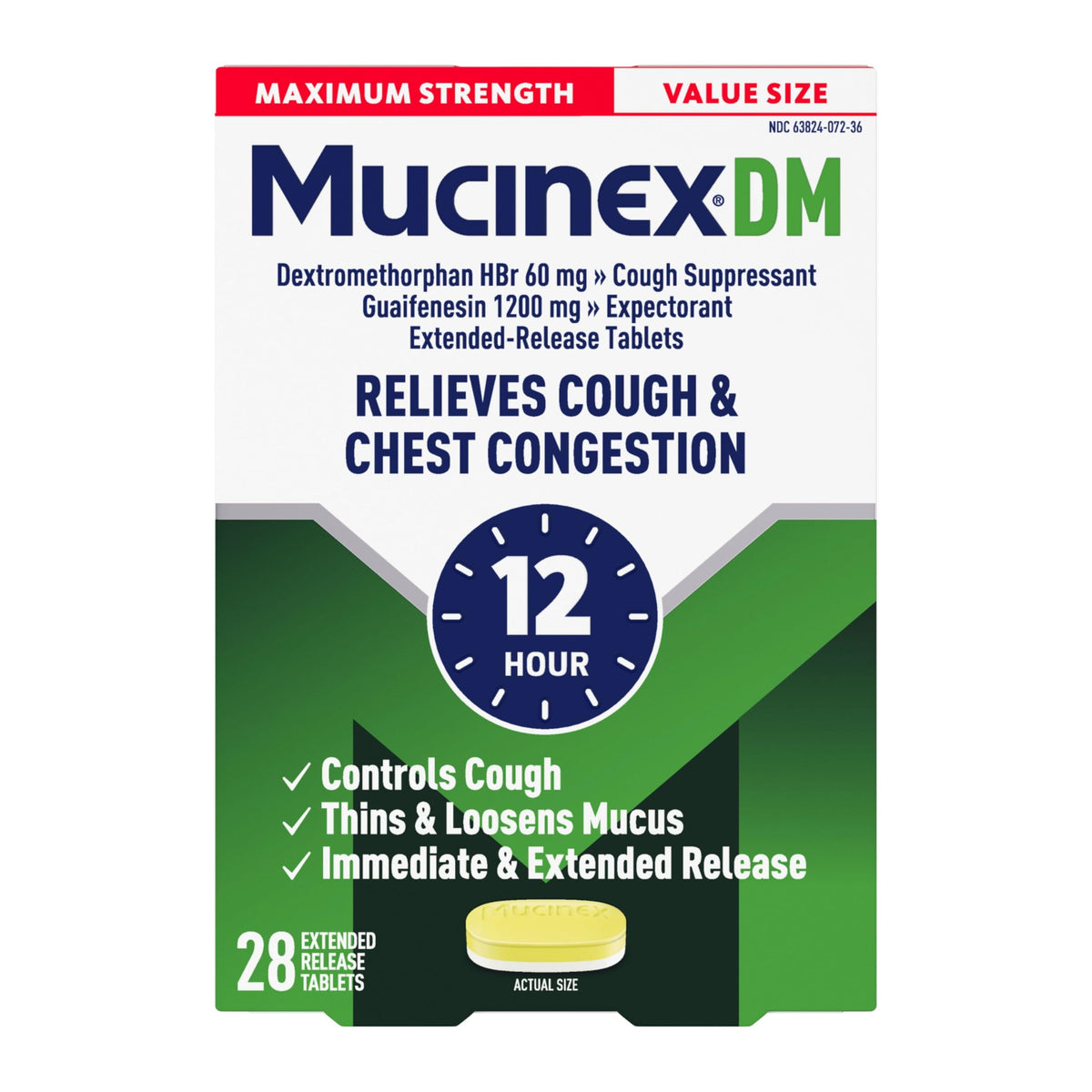 Boîte Mucinex DM montrant l'emballage pour soulagement durable de la toux.