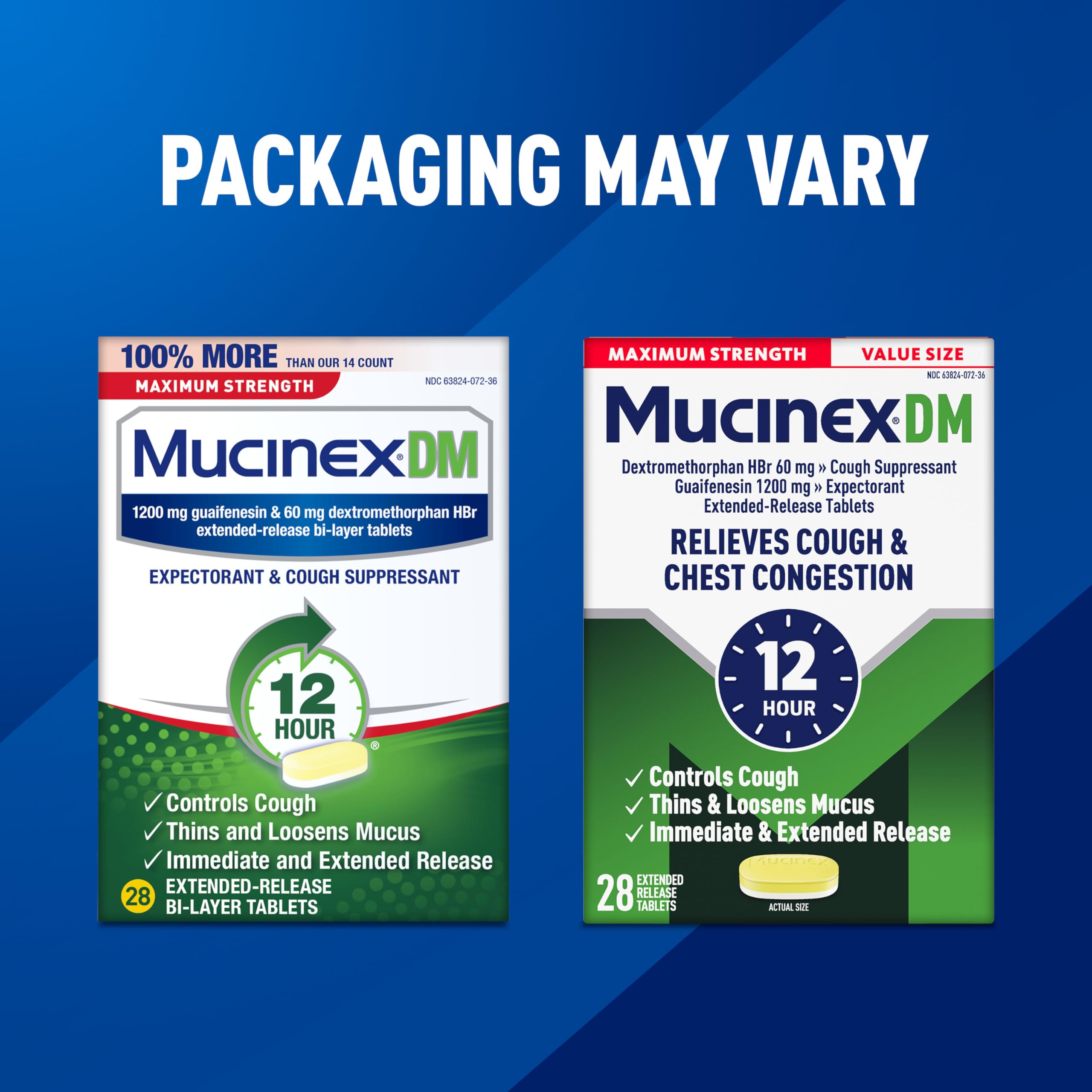 Emballage et instructions claires pour adultes utilisant Mucinex DM.