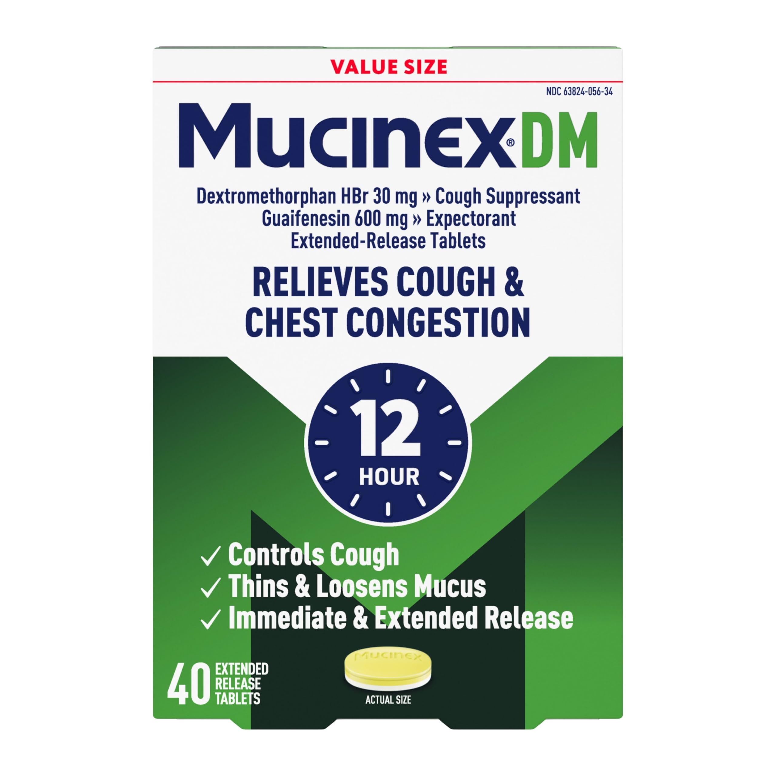Mucinex DM : tablettes bi-layer relief rapide pour toux et mucus.