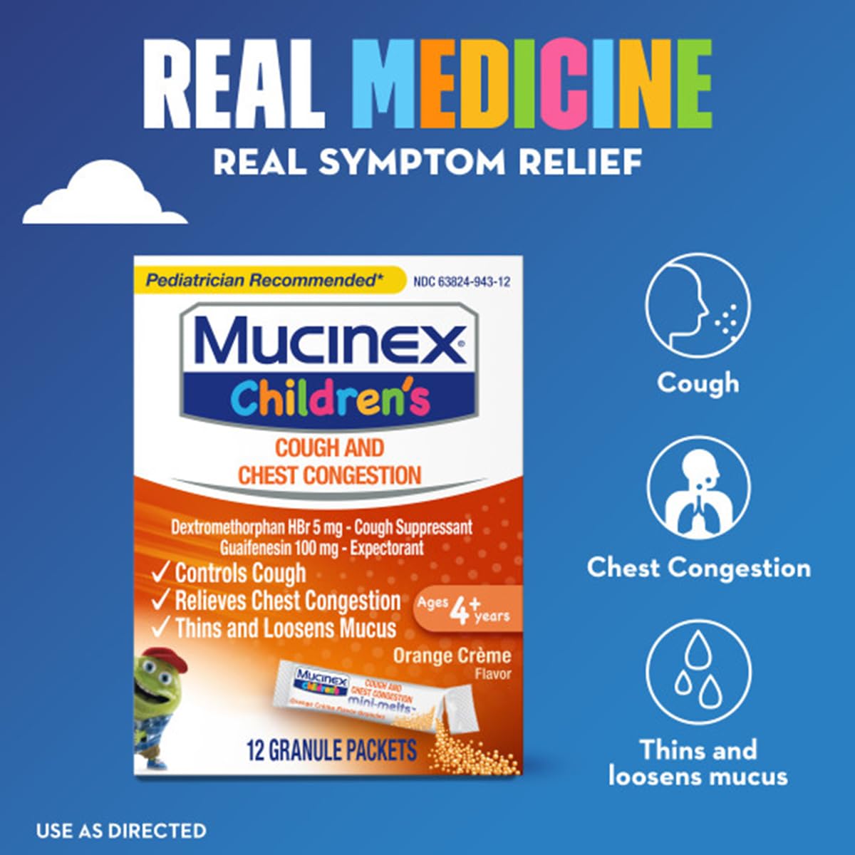 Confort potentiel contre la toux et la congestion thoracique avec Mucinex Enfants.