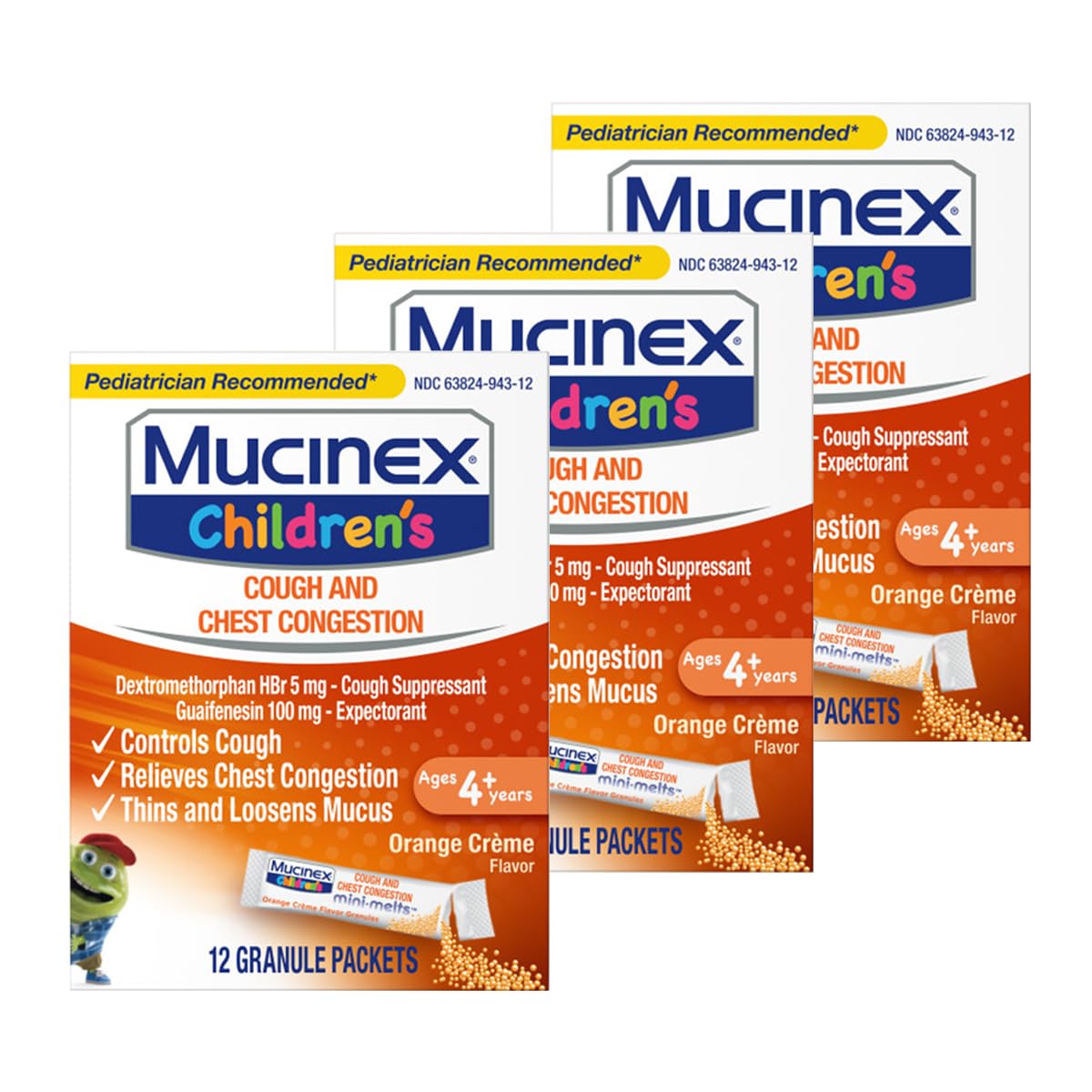 Mucinex Enfants Mini-Melts Orange Creme, goût agréable, usage possible pour apaiser la toux.