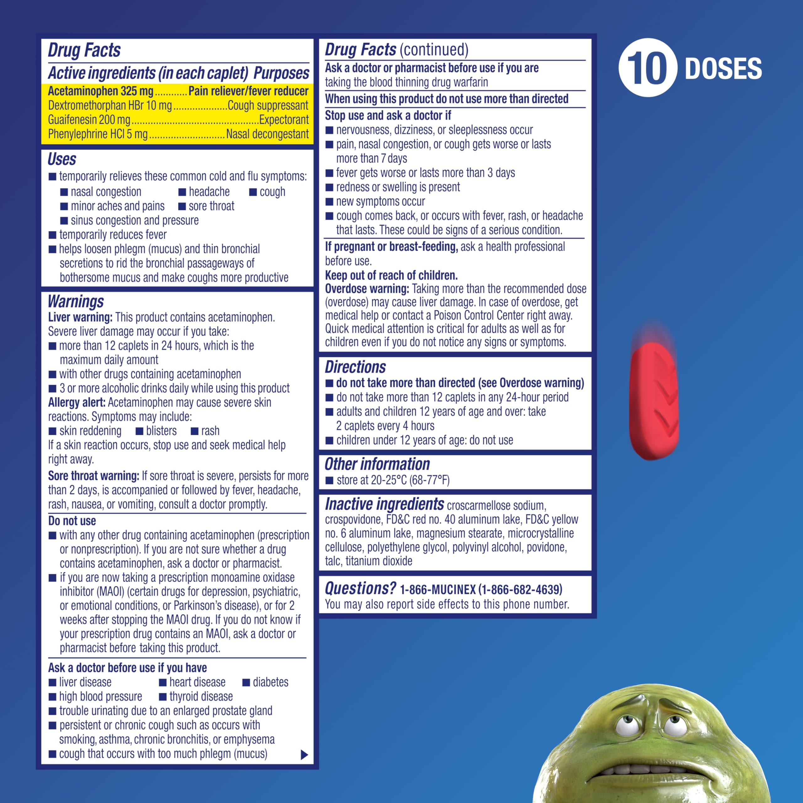 Mucinex Fast-Max caplets, étiquette en gros plan indiquant des symptômes multiples
