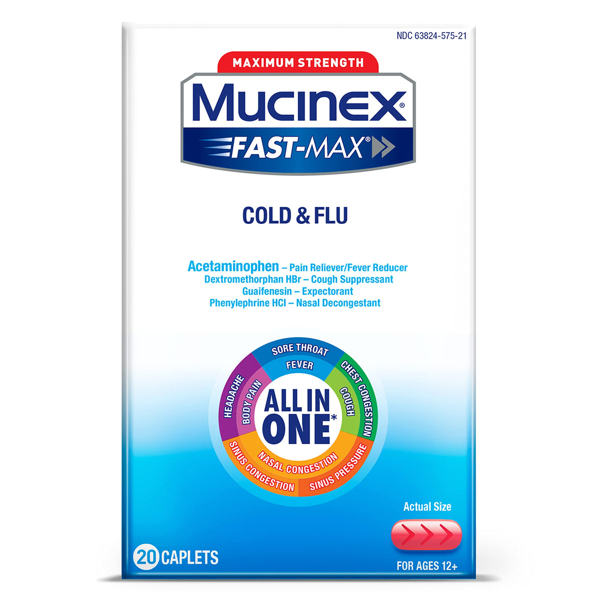 Mucinex Fast-Max caplets packshot montrant l emballage prêt à l emploi pour le rhume
