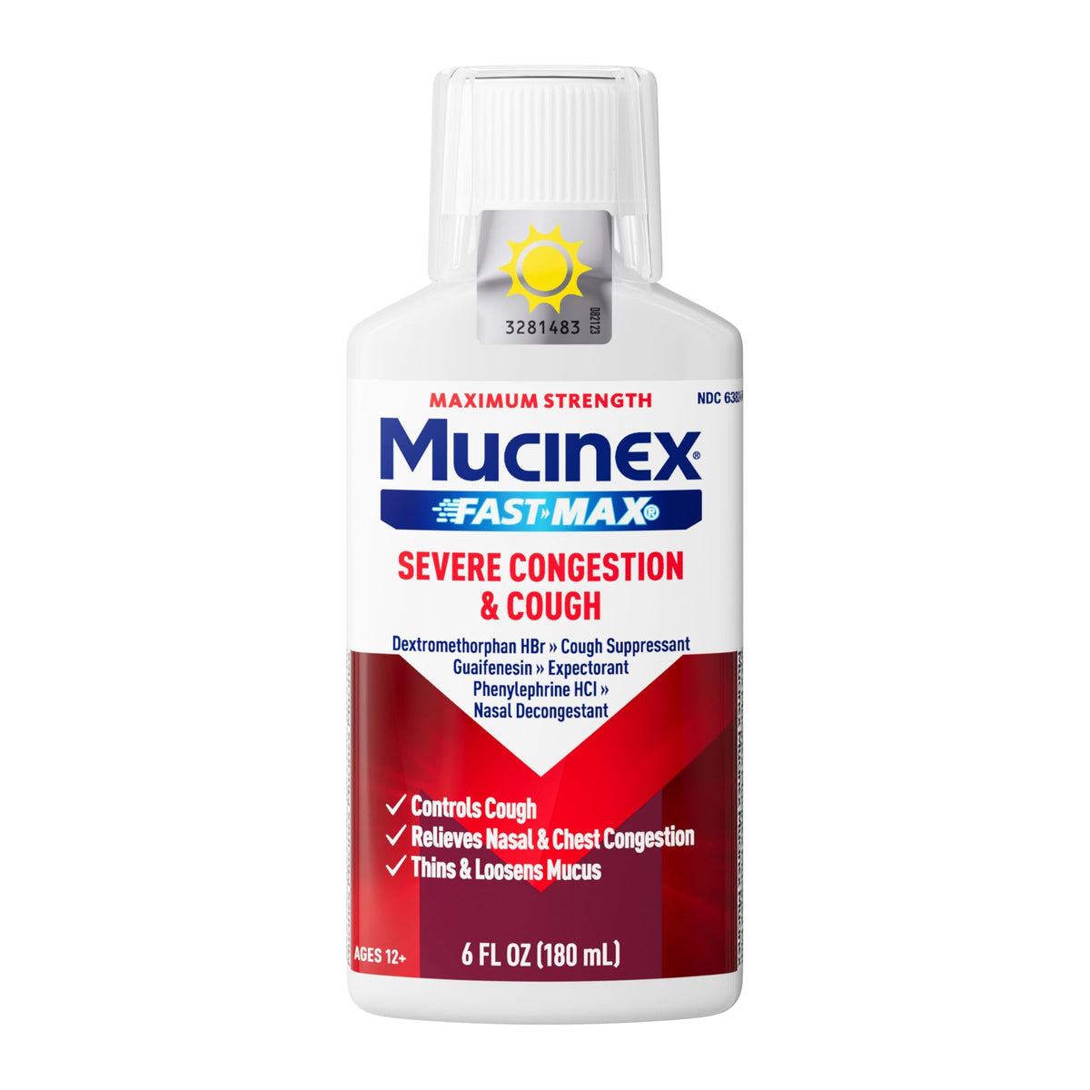 Mucinex Fast-Max: bouteille de 177 ml démontrant le soulagement de toux et congestion.