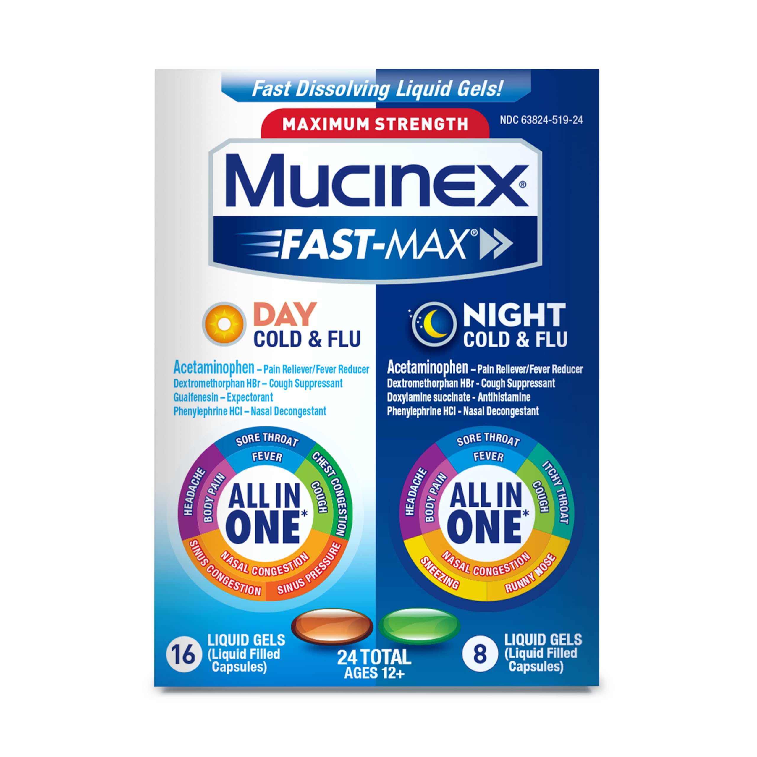 Mucinex Fast-Max Day – emballage du pack, soulagement potentiel fièvre et douleurs