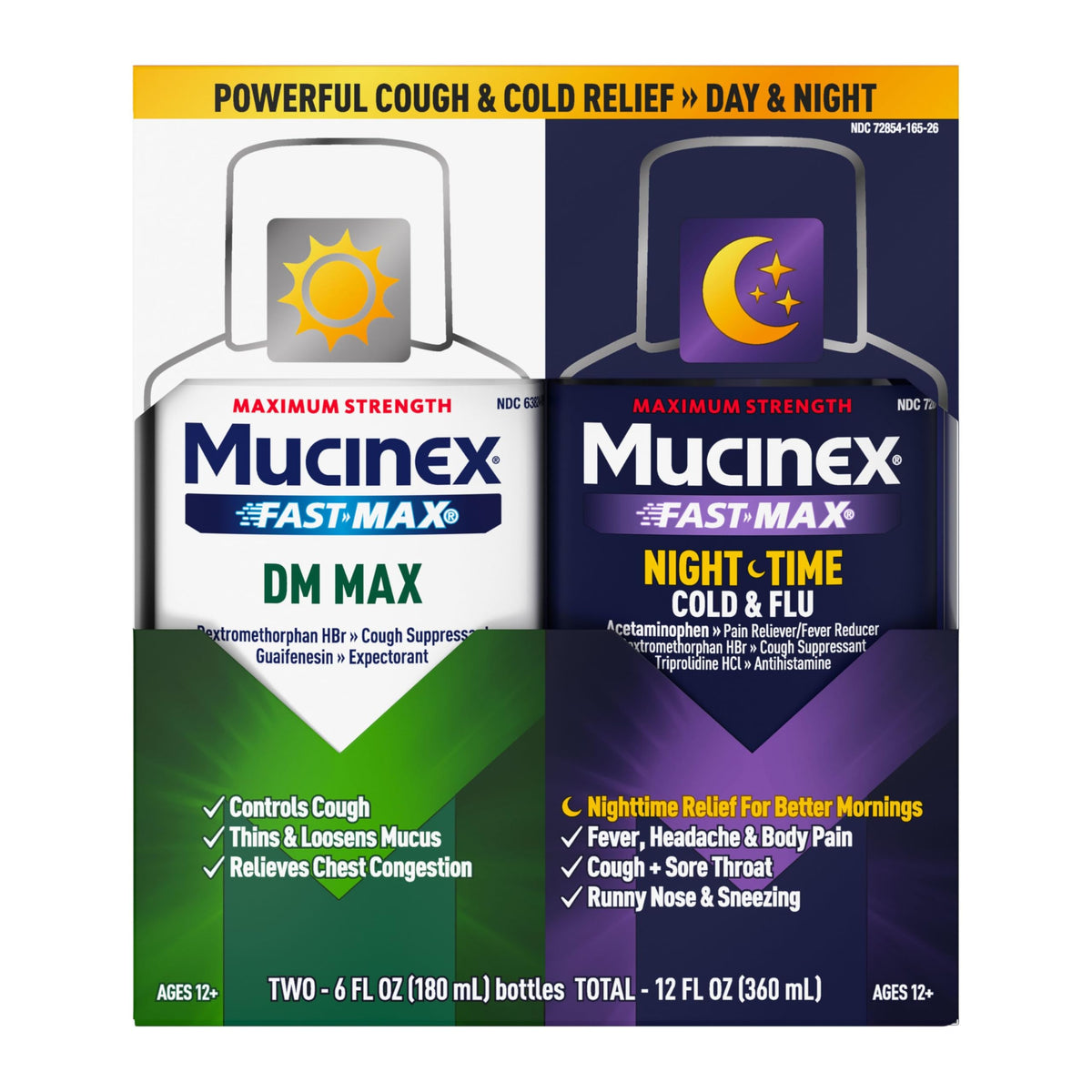 Bouteille Mucinex Fast-Max DM Max prête à l’emploi pour toux et mucus.