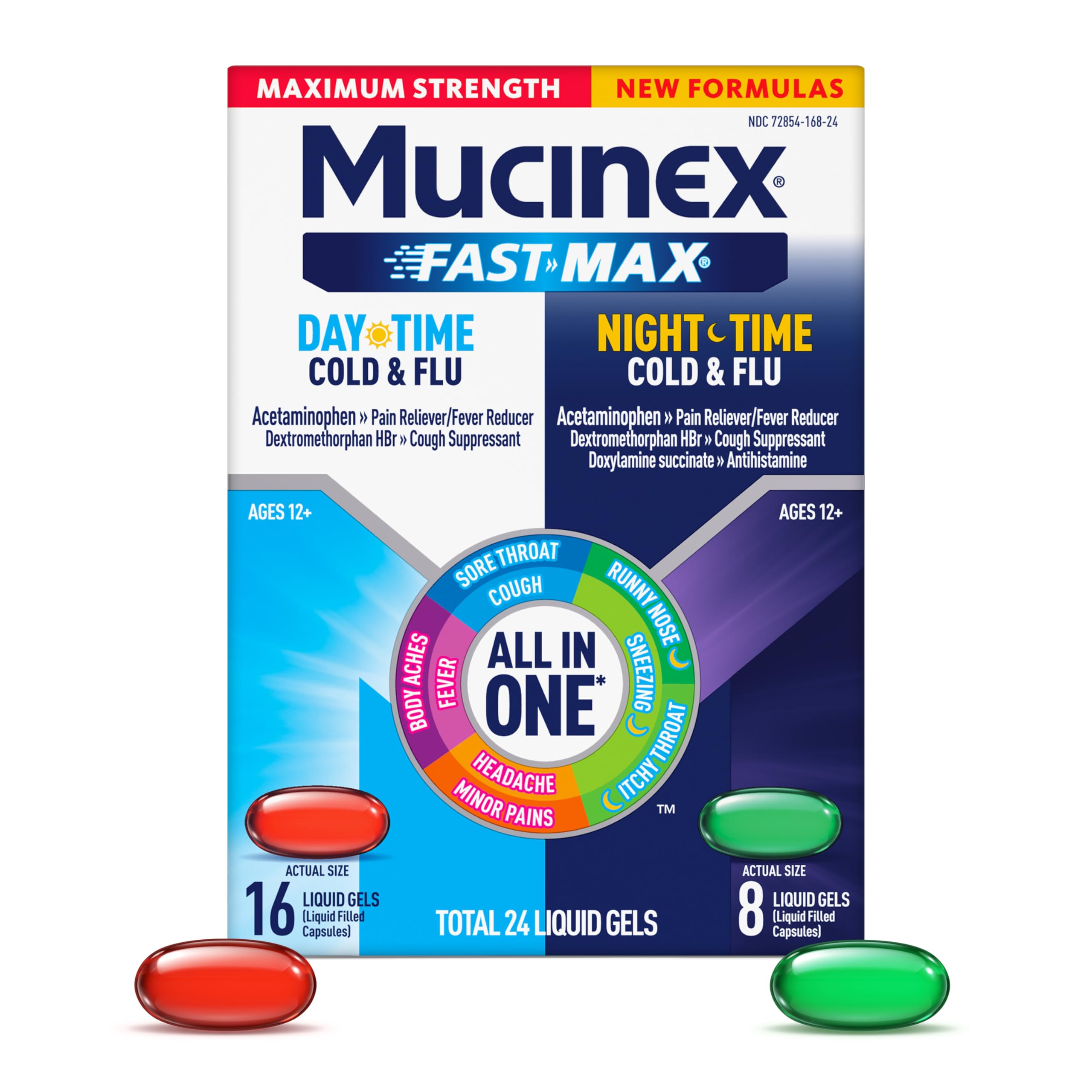Mucinex Fast-Max jour: la bouteille prête à soulager maux de tête et douleurs.