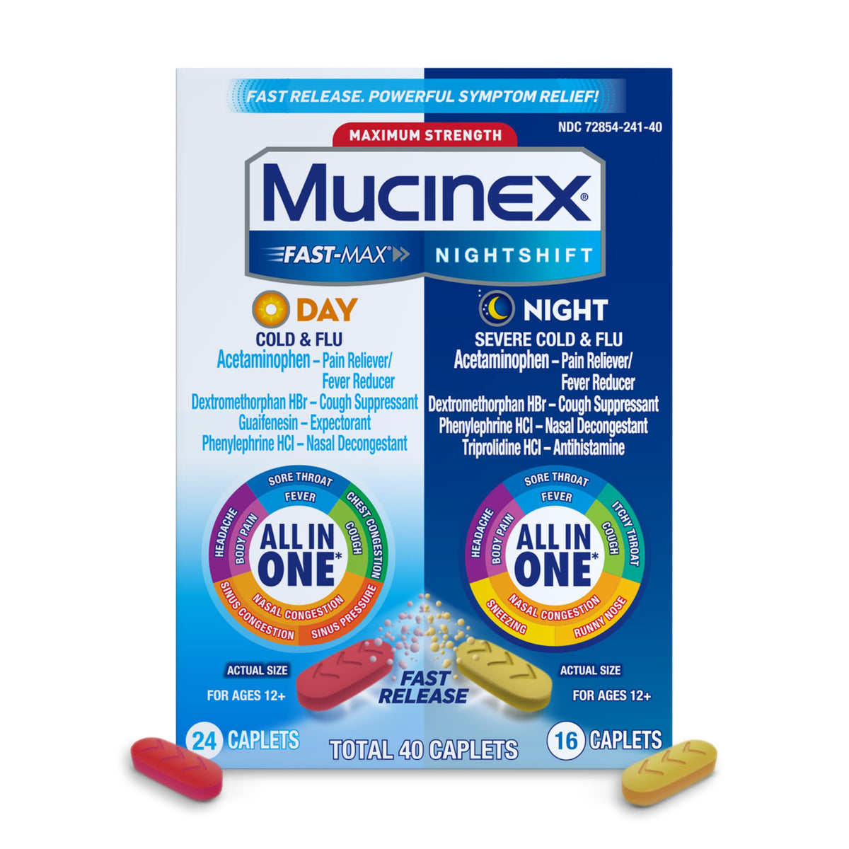 Mucinex Fast-Max Jour comprimés près de la bouteille, soulagement rapide potentiel.