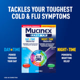 Mucinex Fast-Max jour: gélules visibles pour réduire la toux durant la journée.