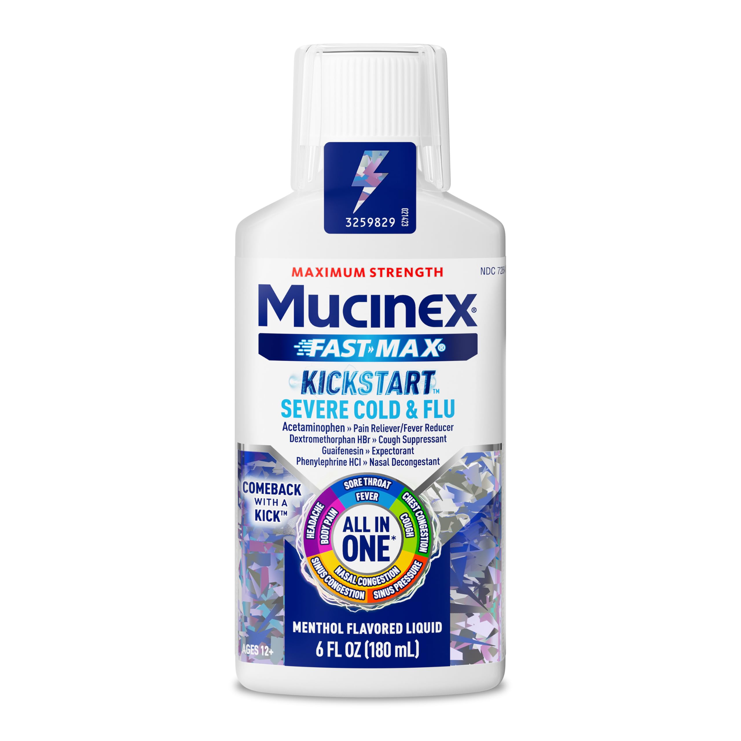 Mucinex Fast-Max Kickstart bouteille mentholée pour un soulagement multi-symptômes.