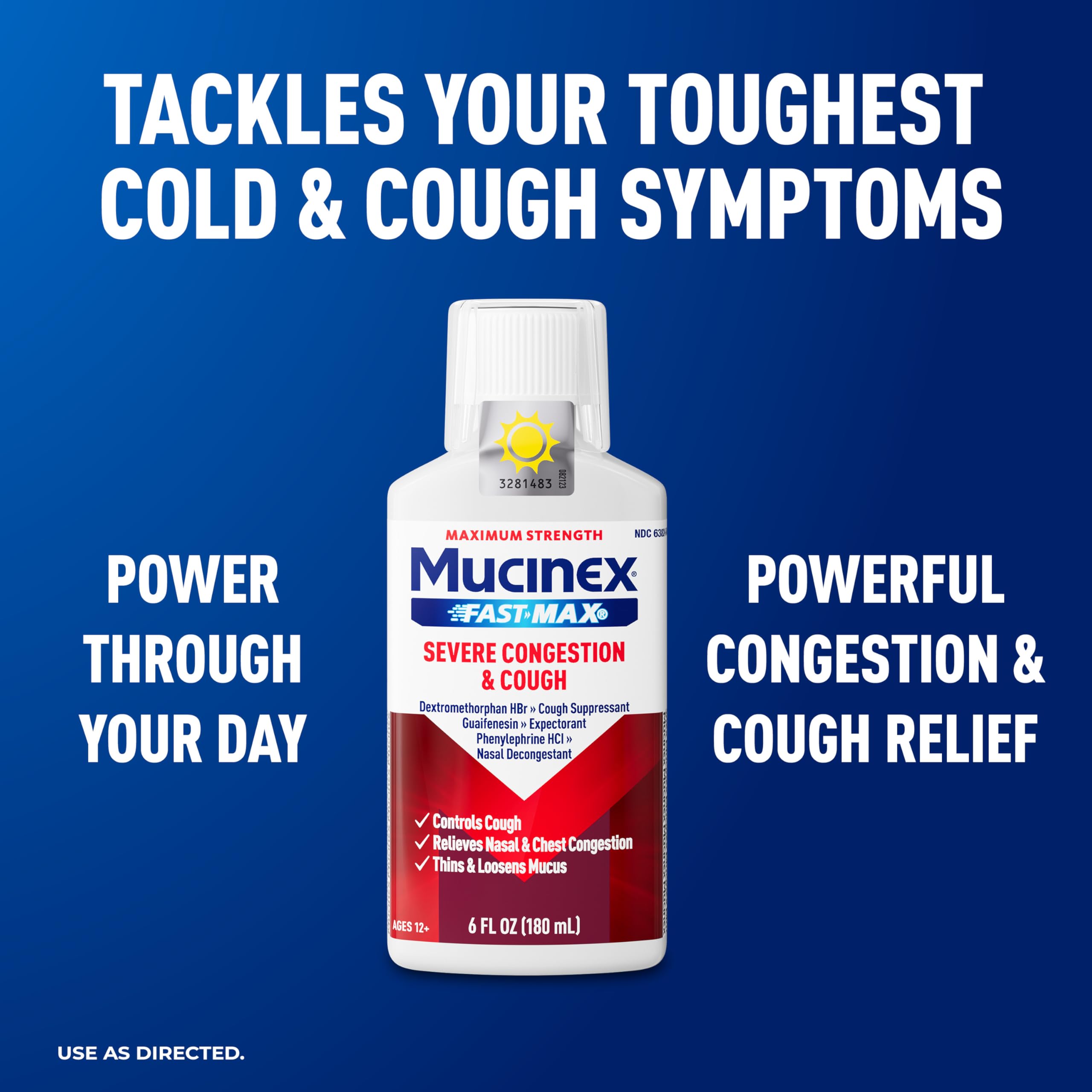 Mucinex Fast-Max: flacon liquide pratique contre toux et congestion pour adultes.