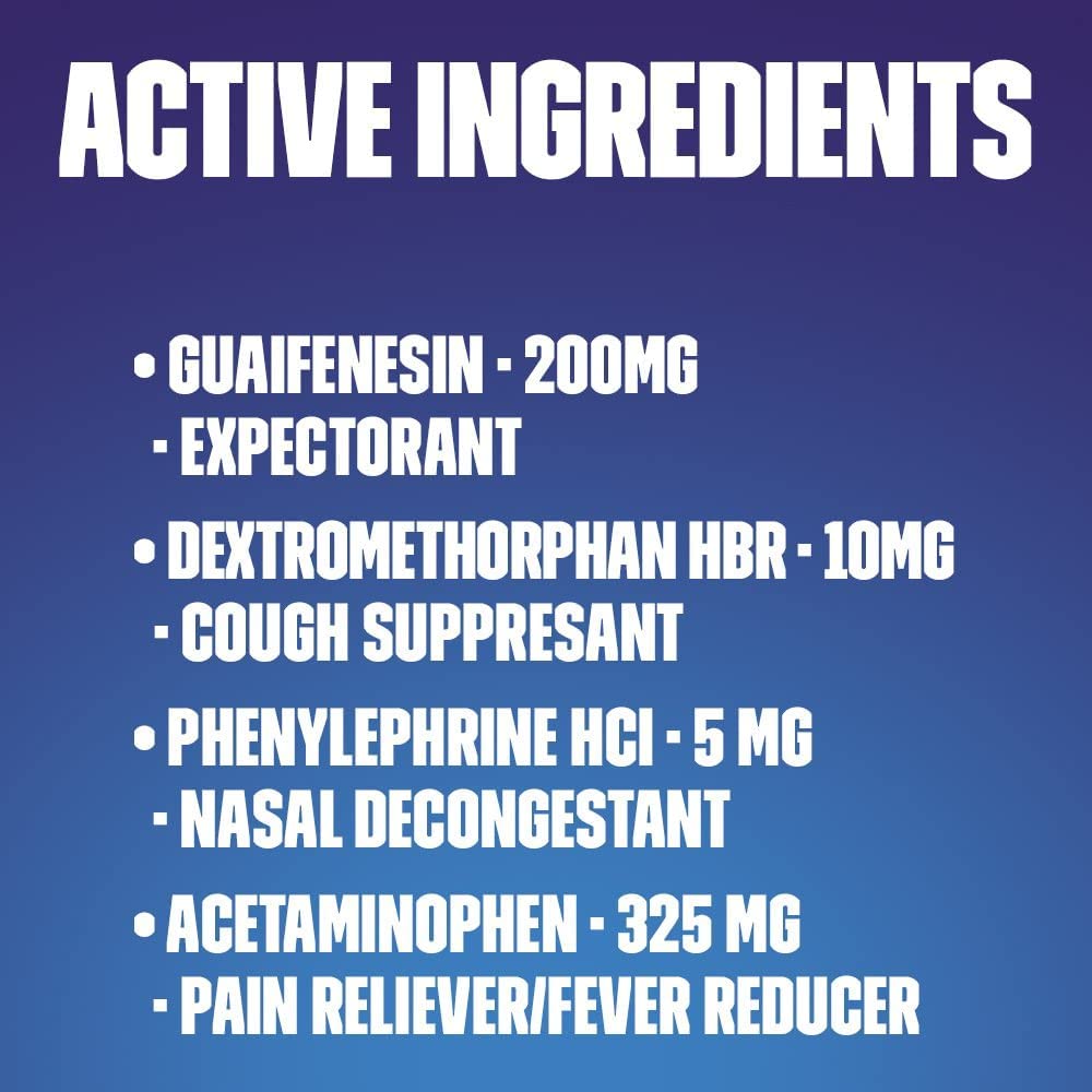 Notice lisible Mucinex Fast-Max Max Strength, posologie conseillée.