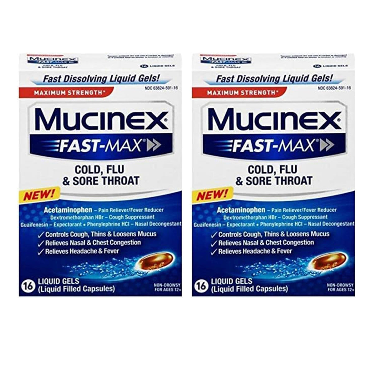 Mucinex Fast-Max Max Strength: pack de 2 gélules liquides, pratique.
