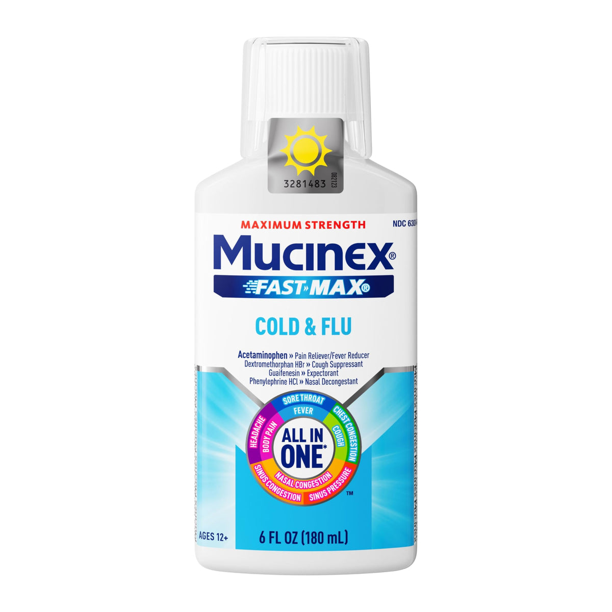 Mucinex Fast-Max Rhume et Grippe – bouteille montrée pour soulager toux et congestion.