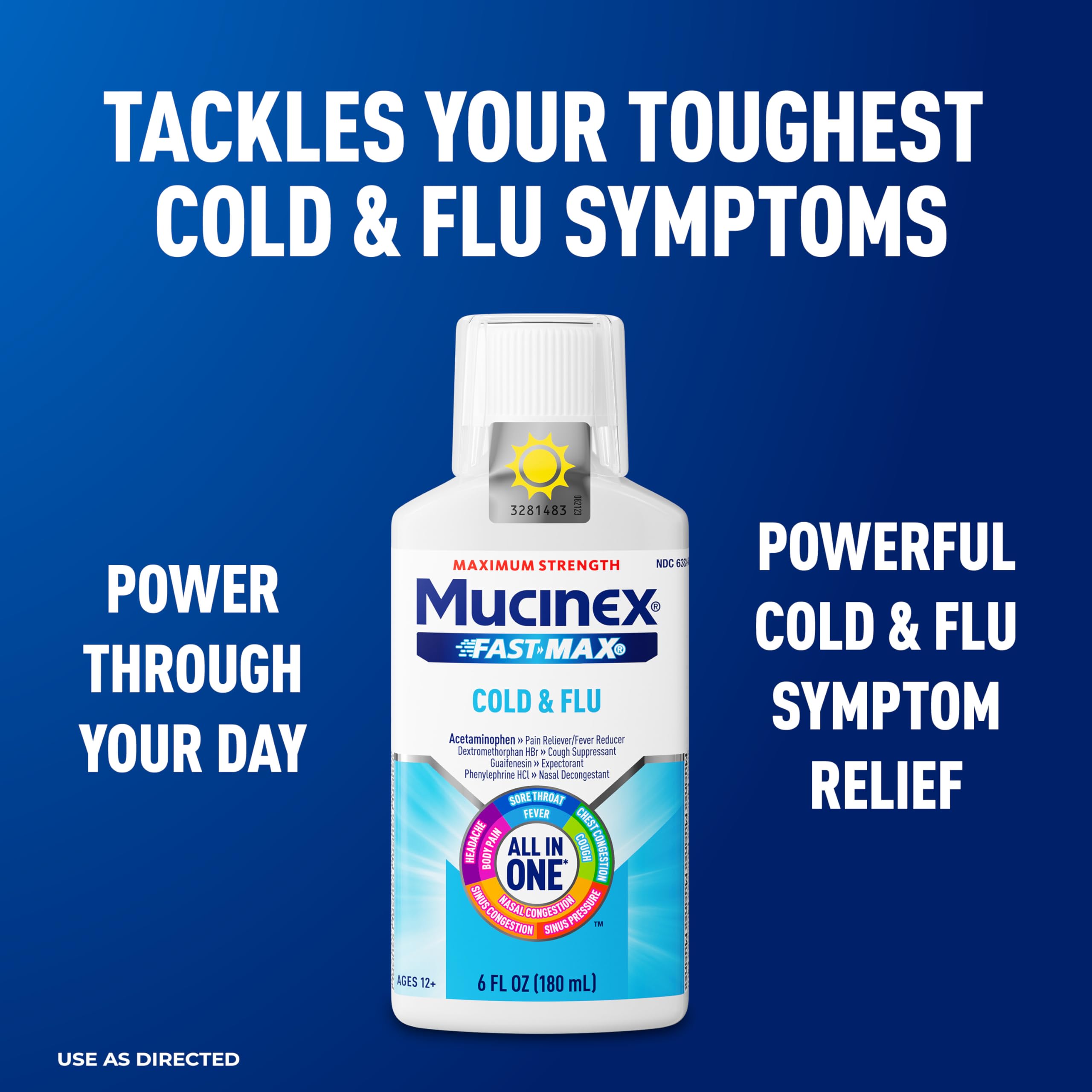 Mucinex Fast-Max Rhume et Grippe – étiquette indiquant usage contre fièvre et douleurs mineures.