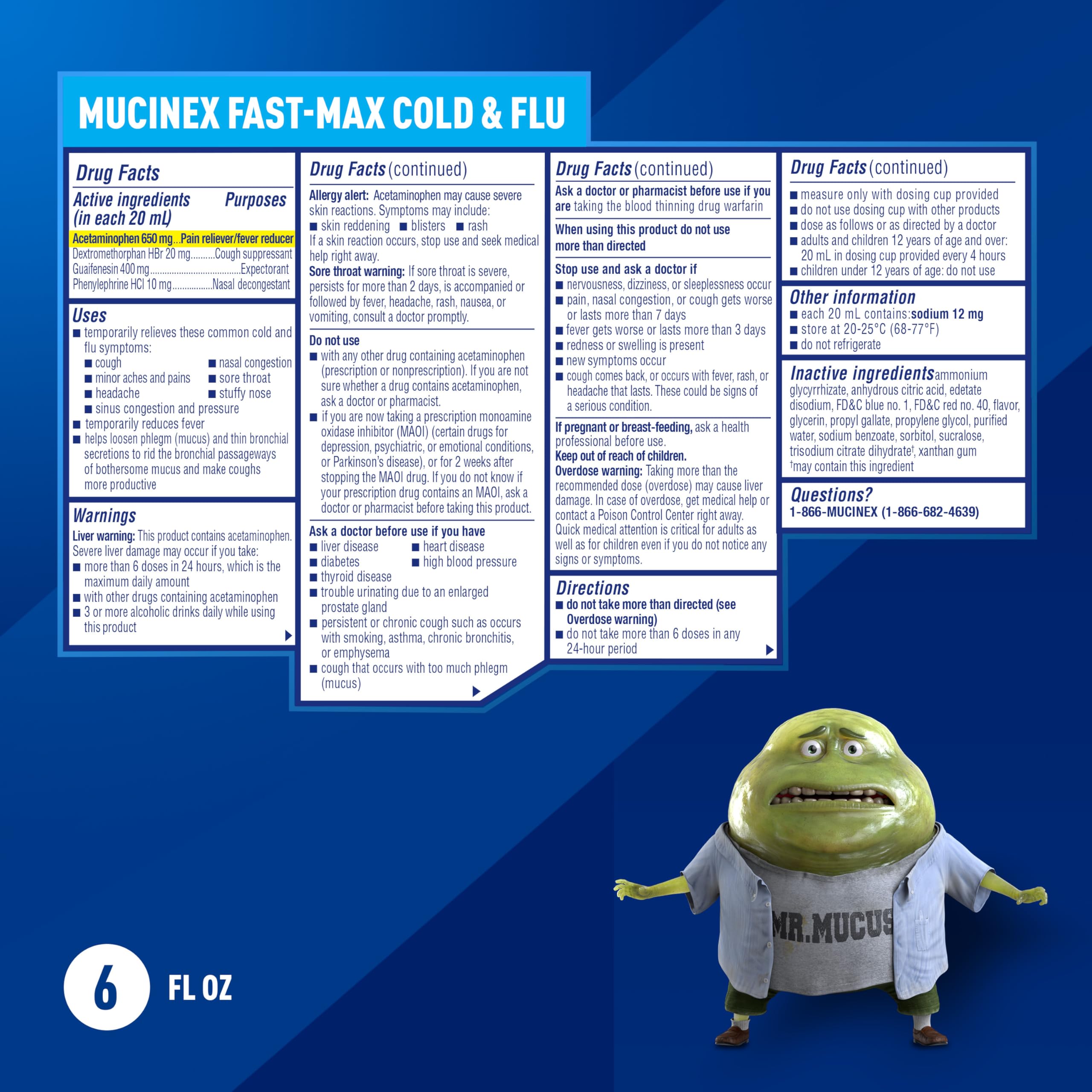 Mucinex Fast-Max Rhume et Grippe – label clair indiquant ingrédients actifs et fonctions.