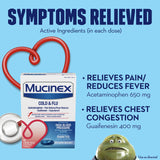 Mucinex Gels liquides – Ingrédients: guaïfénésine pour fluidifier le mucus.