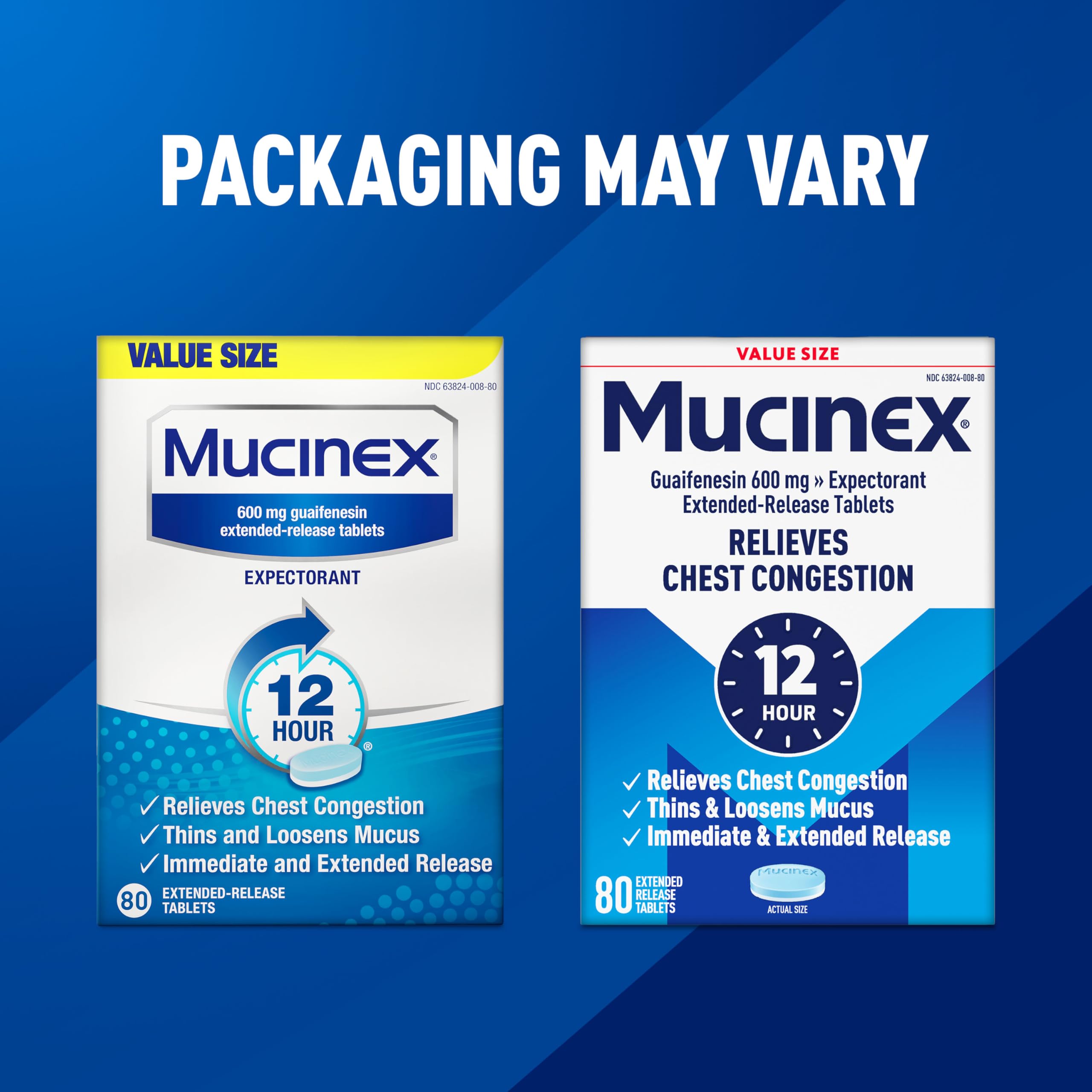 Logo Mucinex et signets de bénéfices sur l'emballage