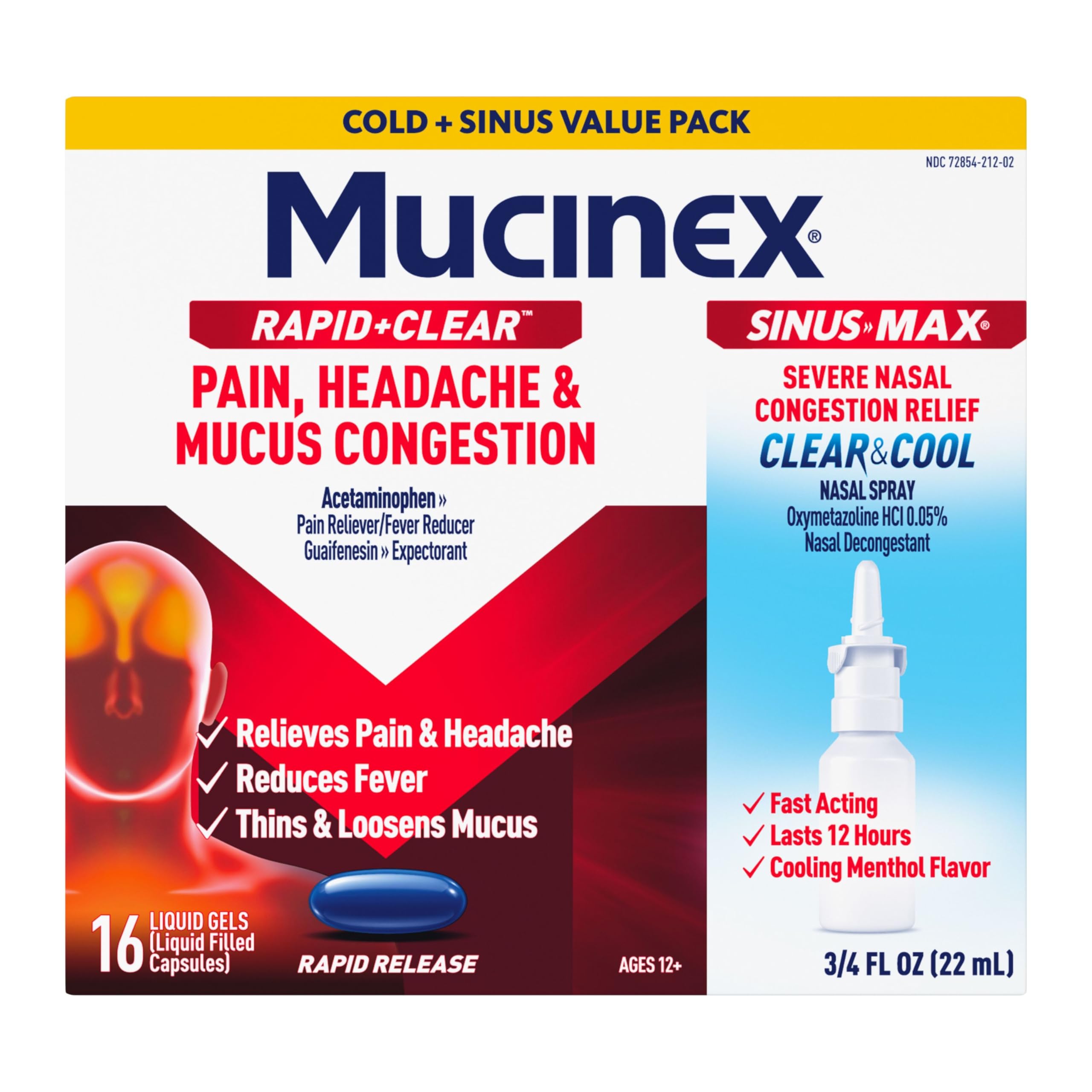 Pack Mucinex montrant le soulagement rapide de la douleur et de la congestion.