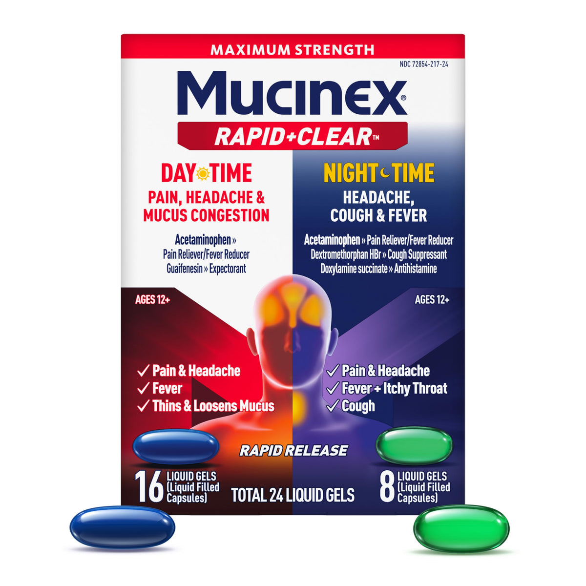 Mucinex Rapid Clear Daytime emballage visible, pratique pour usage quotidien.