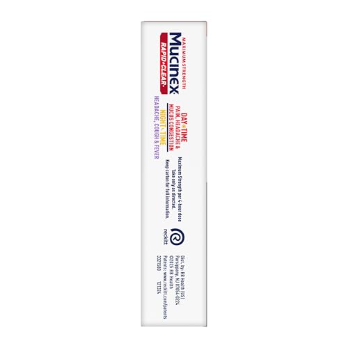 Gamme Day & Night Mucinex Rapid Clear, visuels clairs pour guide d'utilisation.