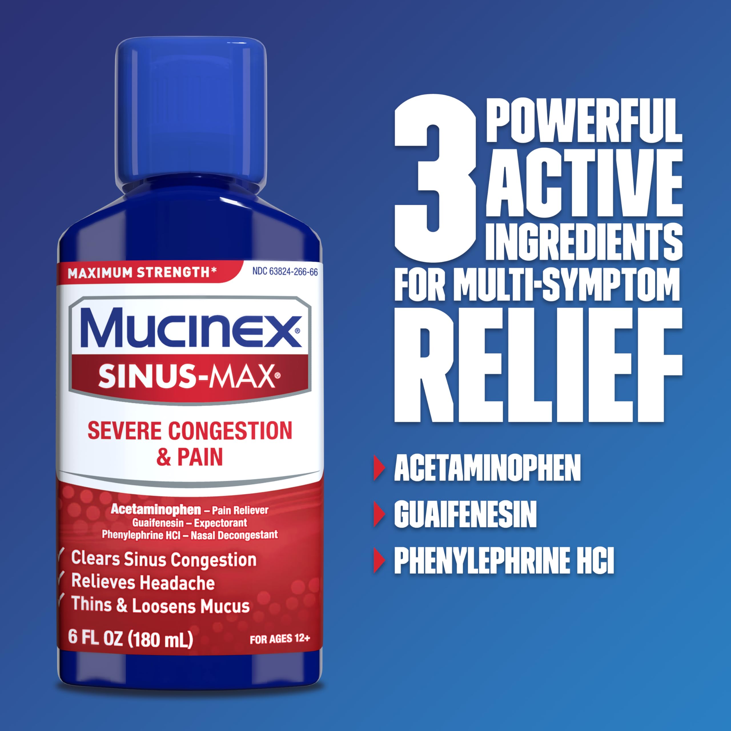 Mucinex Sinus-Max, bouteille-reflet, montre le flacon translucide et son dosage potentiel.