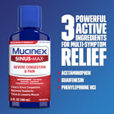Mucinex Sinus-Max, bouteille-reflet, montre le flacon translucide et son dosage potentiel.