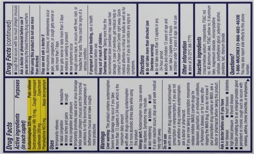 Vue arrière de l'emballage Mucinex Sinus-Max avec les instructions d'utilisation.