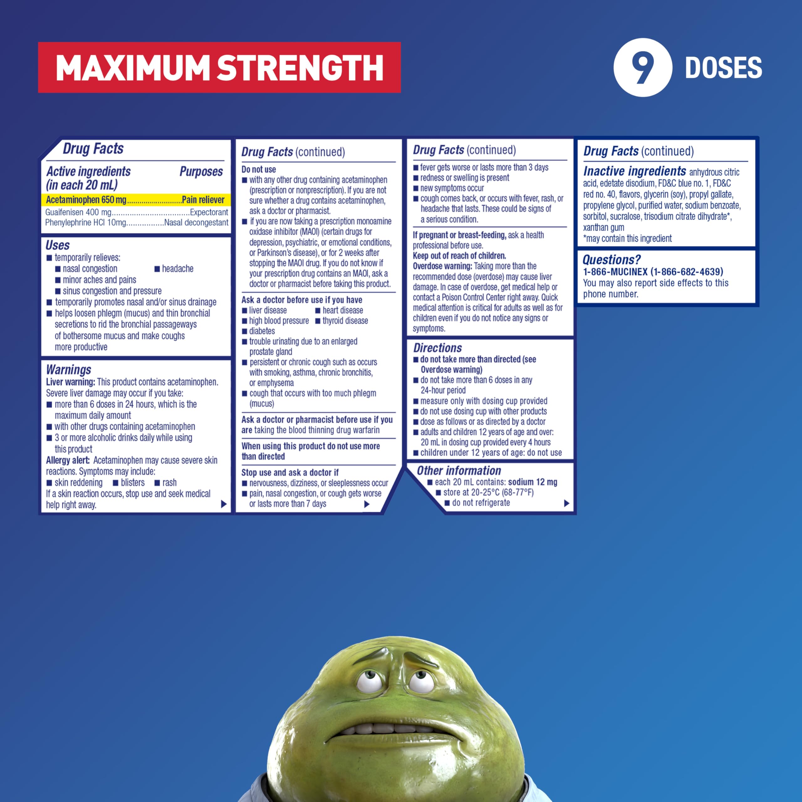 Mucinex Sinus-Max, etiquette détail, met en évidence les ingrédients actifs et leurs usages possibles.