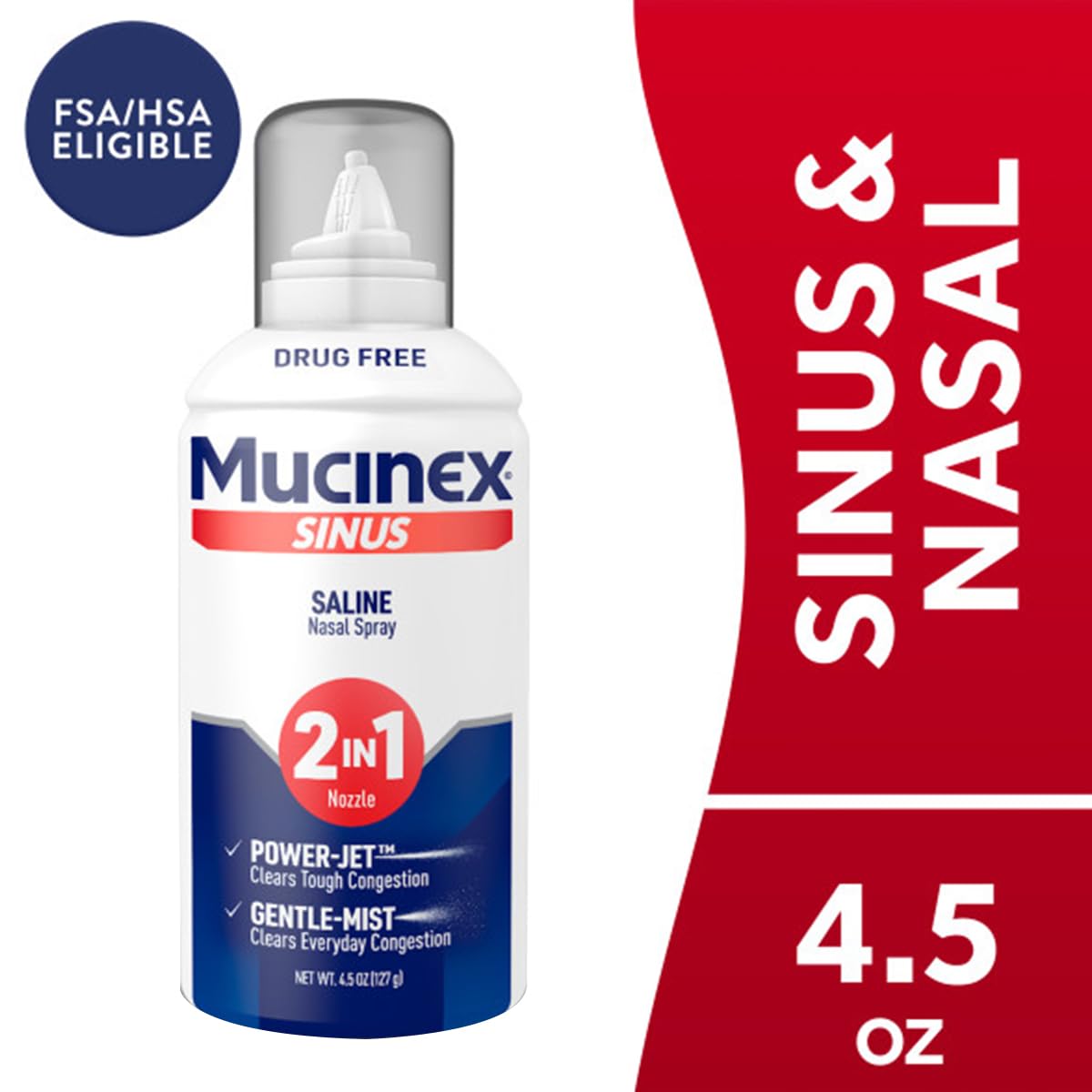 Mucinex Sinus Saline, flacon avec embout jet pour une pulvérisation ciblée.