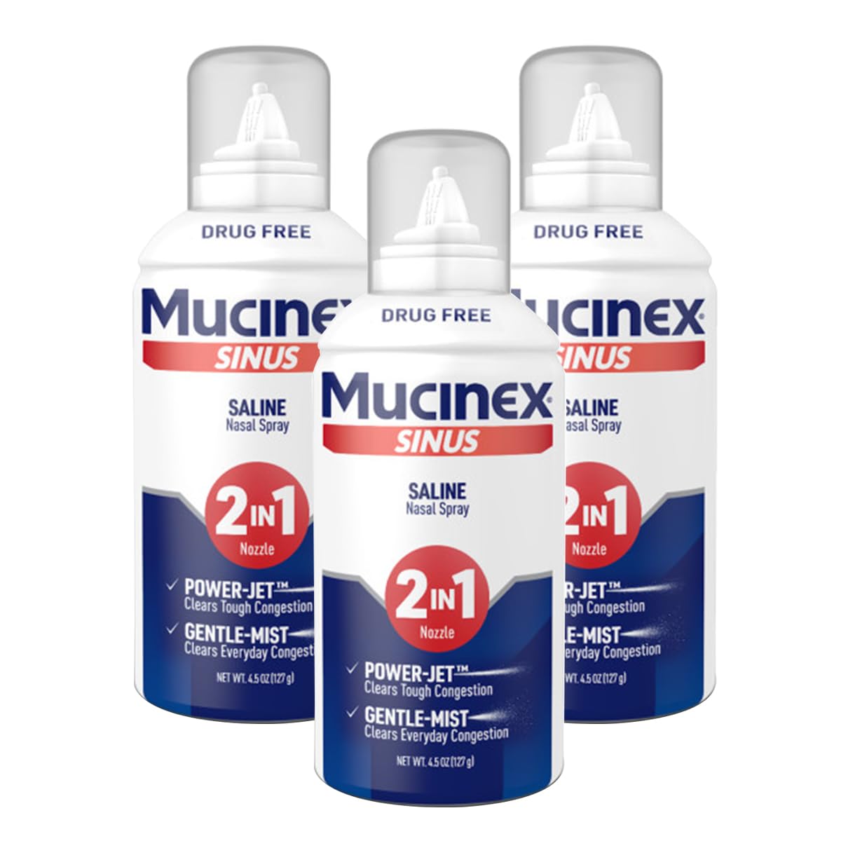 Mucinex Sinus Saline avec flacon pompe prêt à l’emploi et embout jet pour une utilisation rapide.