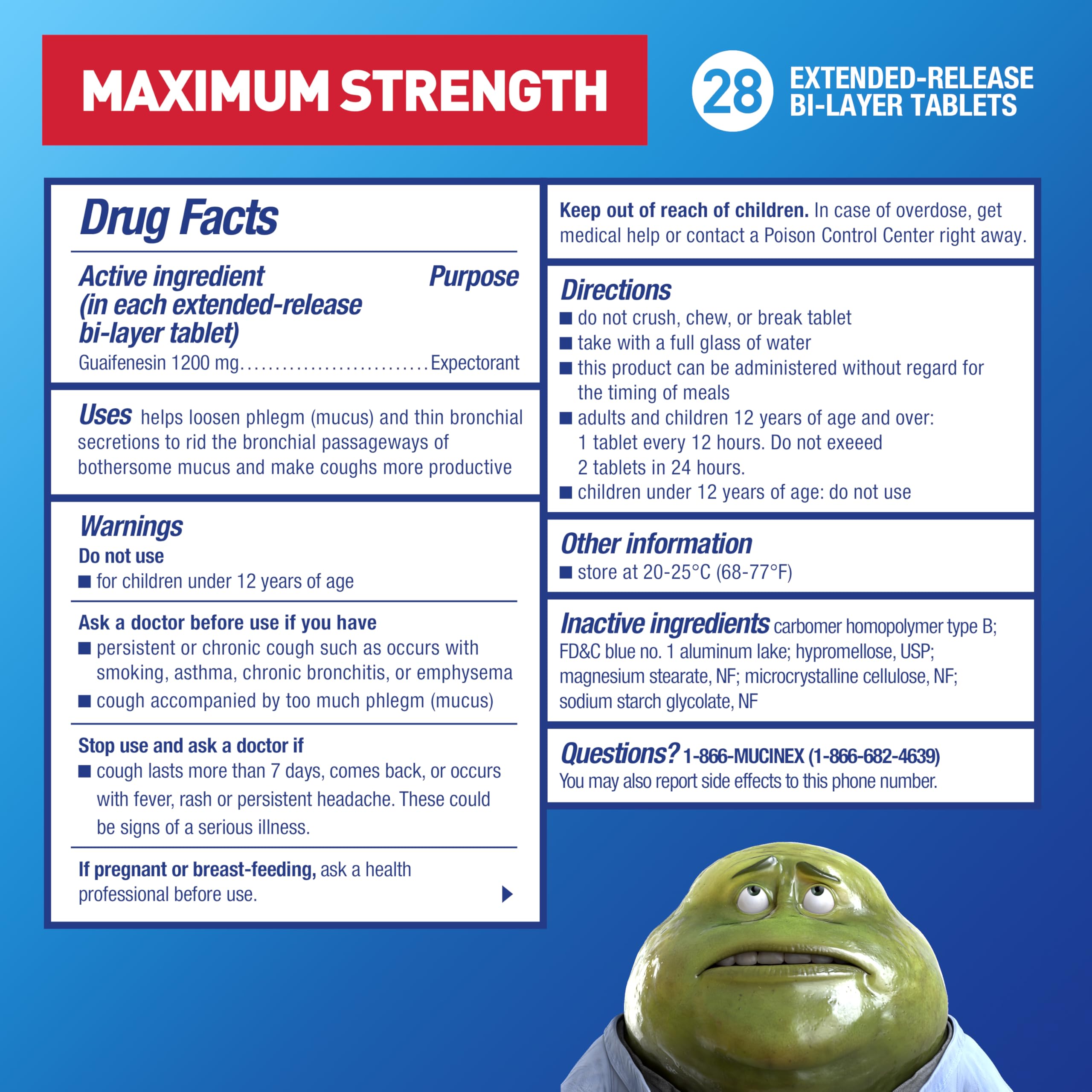 Comprimé Mucinex 1200 mg guaifenesin prêt à fluidifier le mucus.