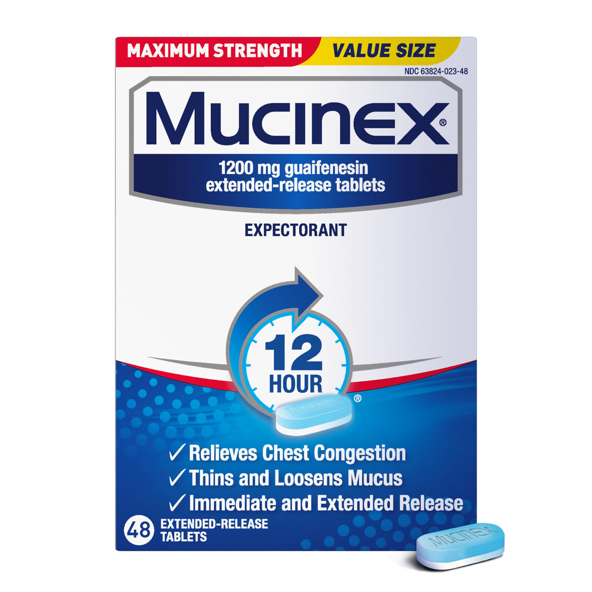 Boîte Mucinex avec comprimés 12h montrant le soulagement du mucus.
