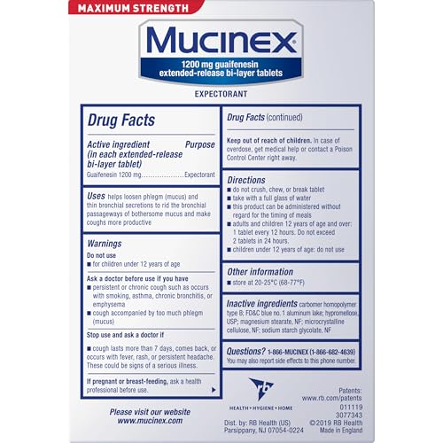 Tablettes Mucinex guaifenesin 1200 mg pour mucus épais
