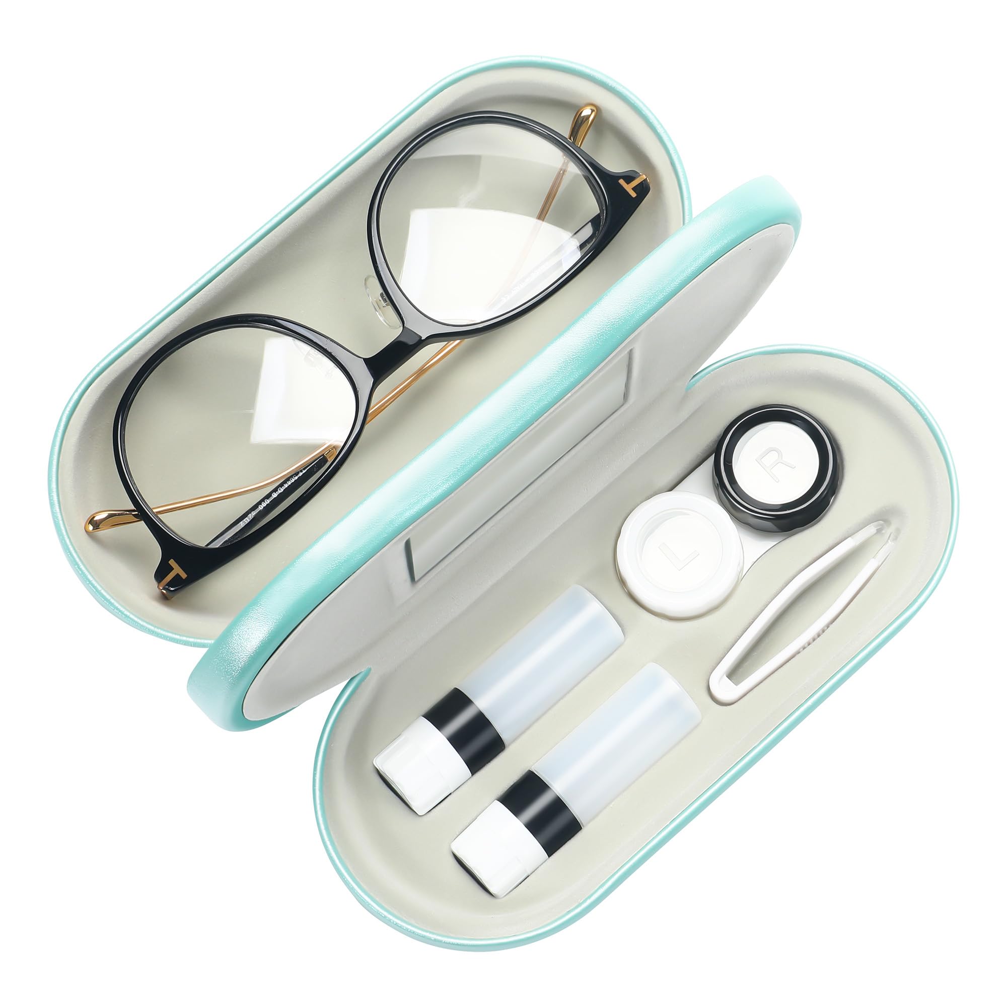 Étui MUF double-face pour lentilles et lunettes, rangement léger et élégant.