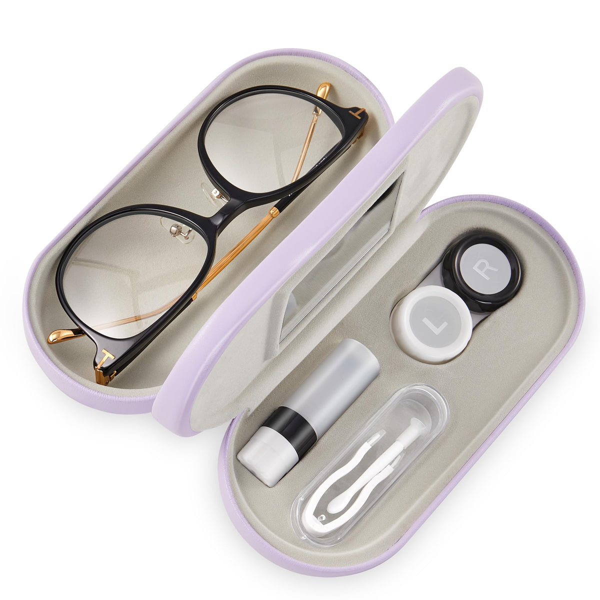Muf étui double-face avec miroir pour lunettes et lentilles, pratique au quotidien.