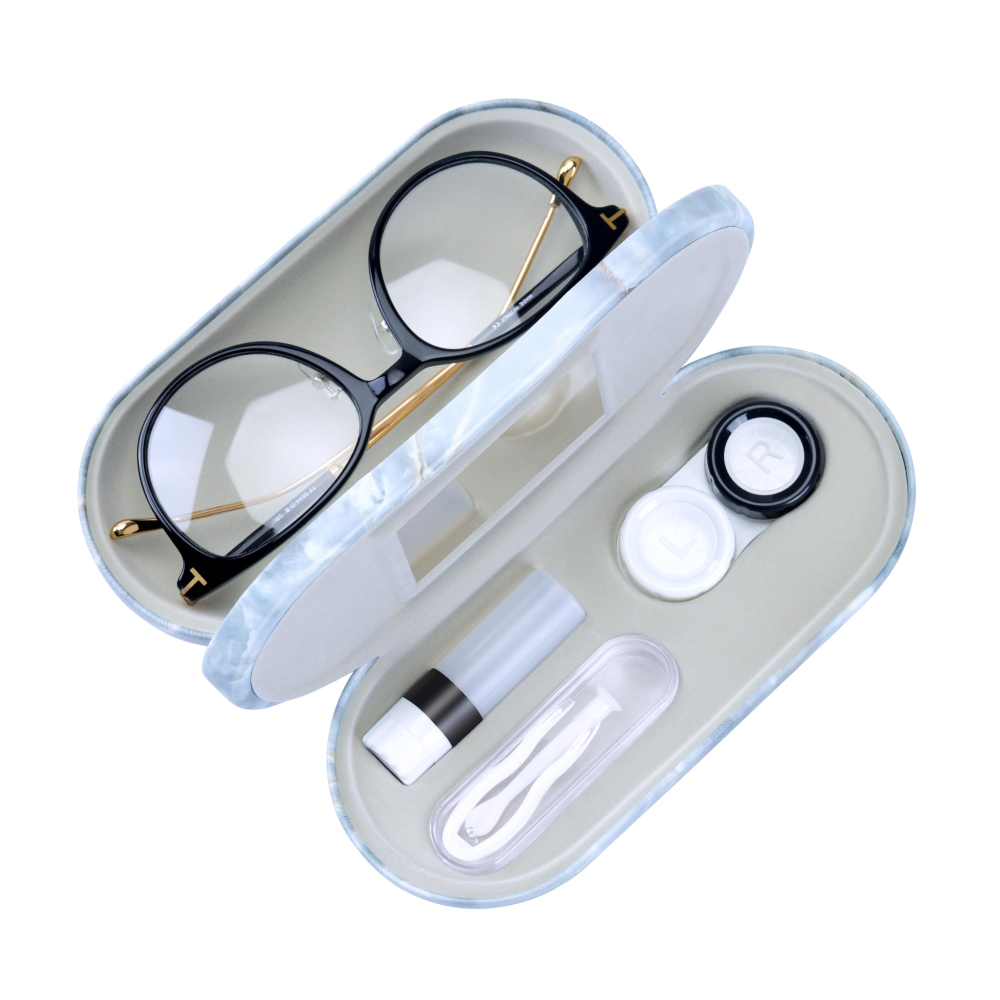 Étui Muf lentilles et lunettes double face avec miroir, pratique en voyage.