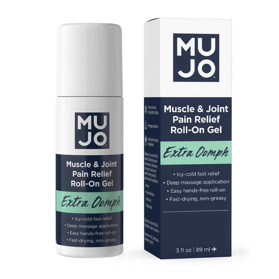 Mujo Extra Oomph Roll-On mentholé pour relief rapide des douleurs.