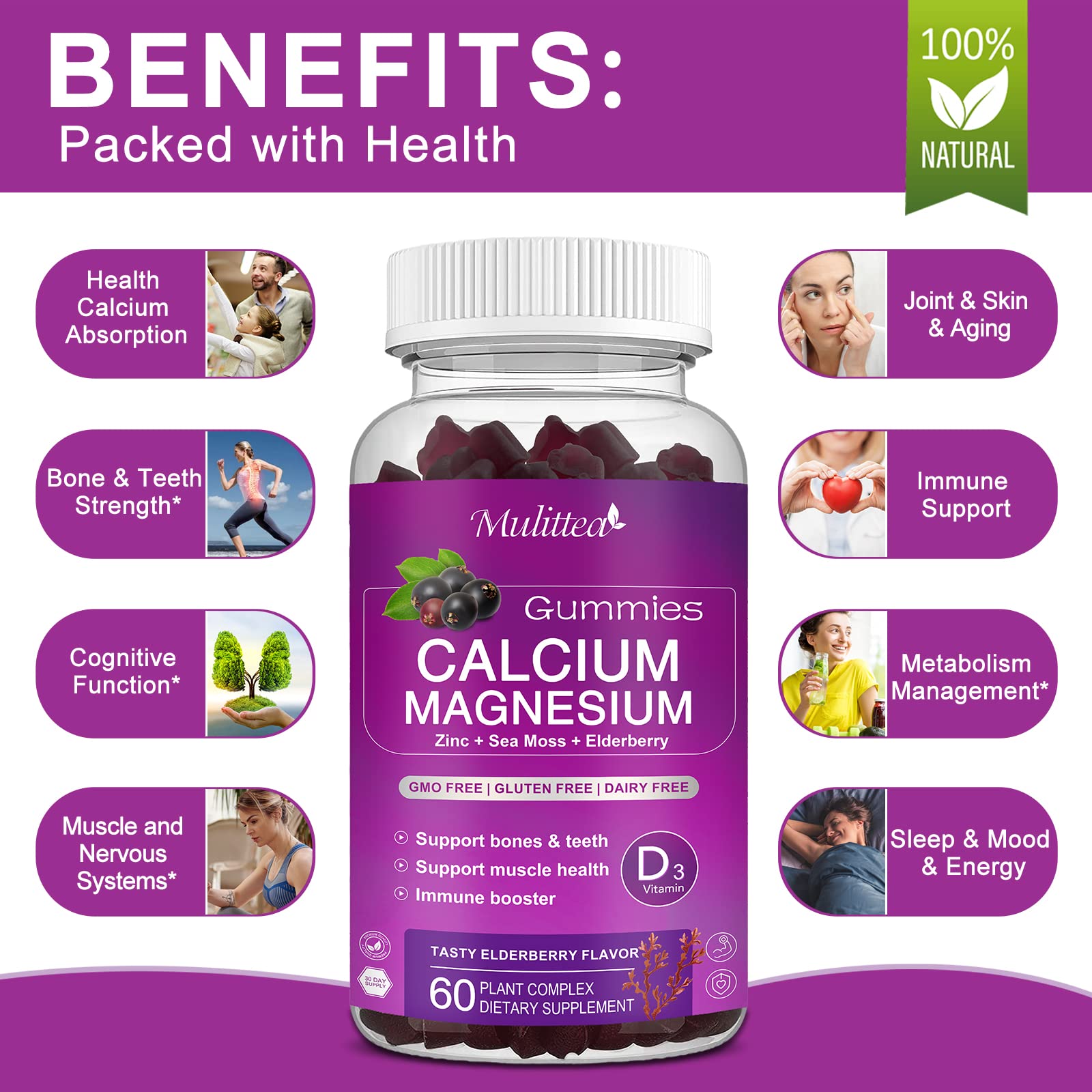 Mulittea gommes calcium absorption magnésium élevé, soutien potentiel pour muscles et nerfs
