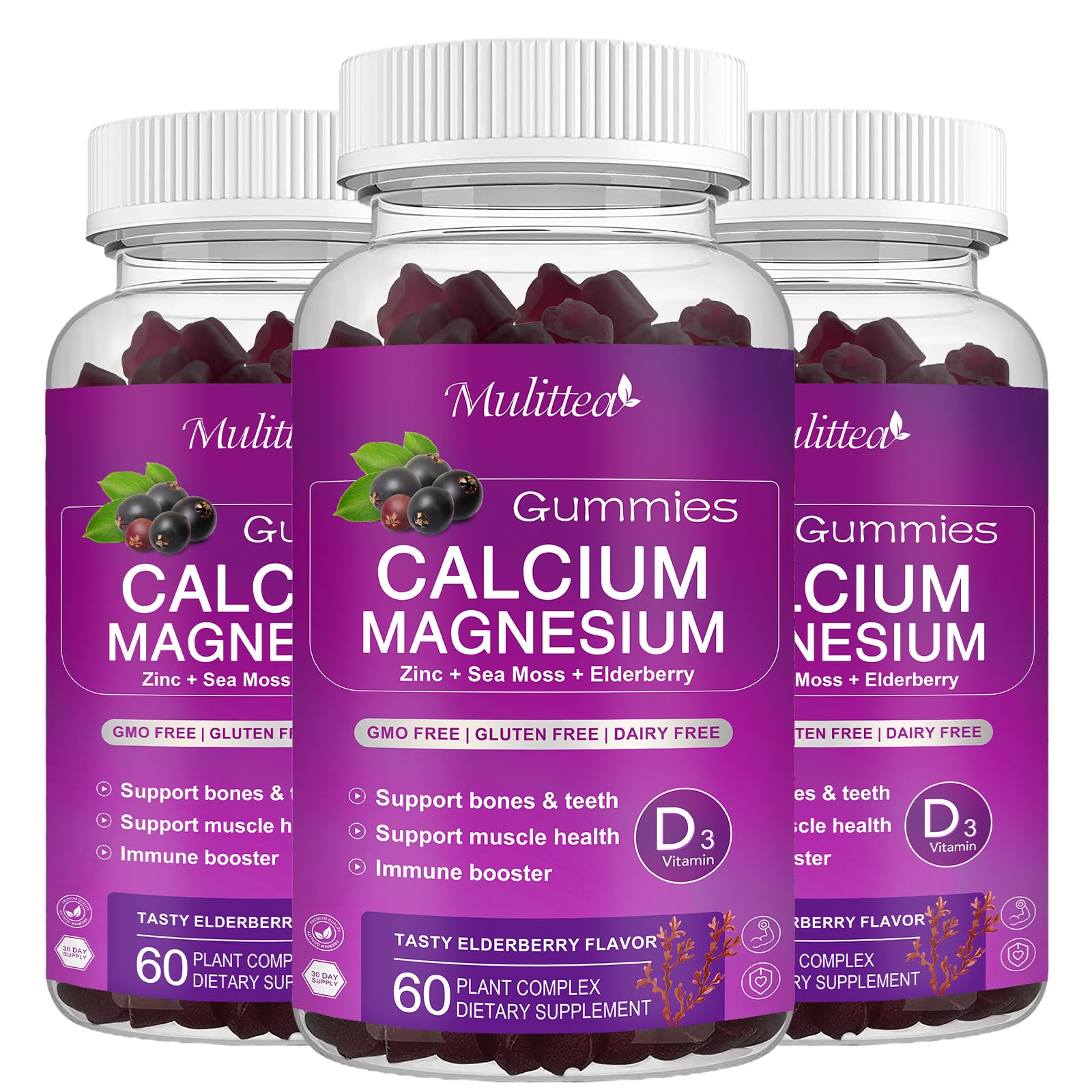 Mulittea gommes calcium en bouteille, goût sureau, facile à mâcher pour un apport quotidien