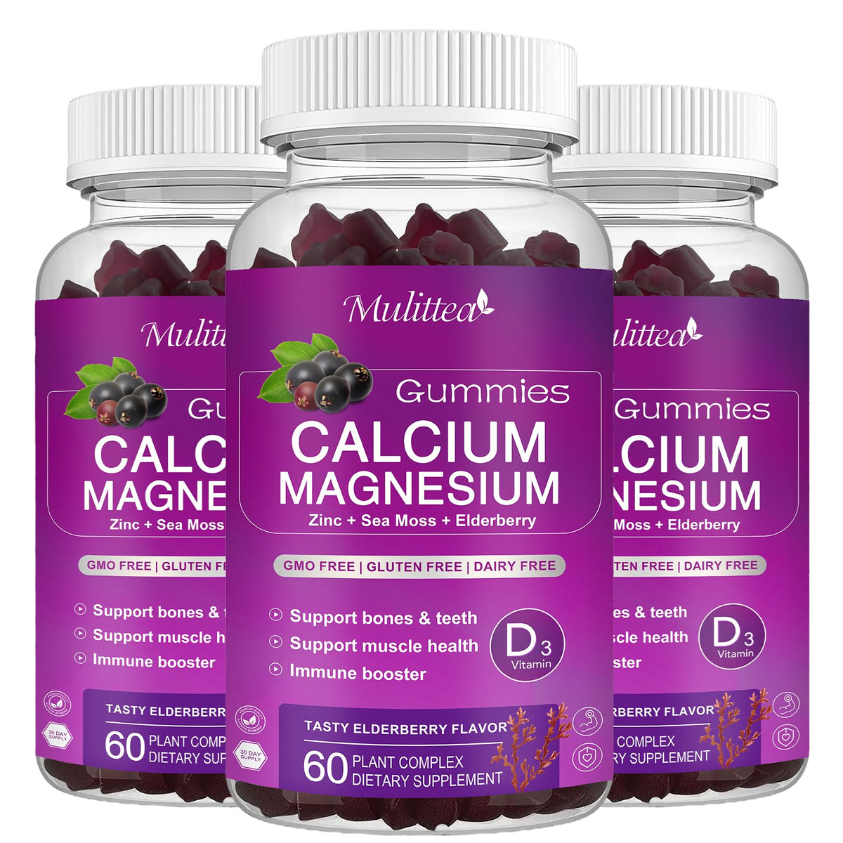 Mulittea gommes calcium en bouteille, goût sureau, facile à mâcher pour un apport quotidien