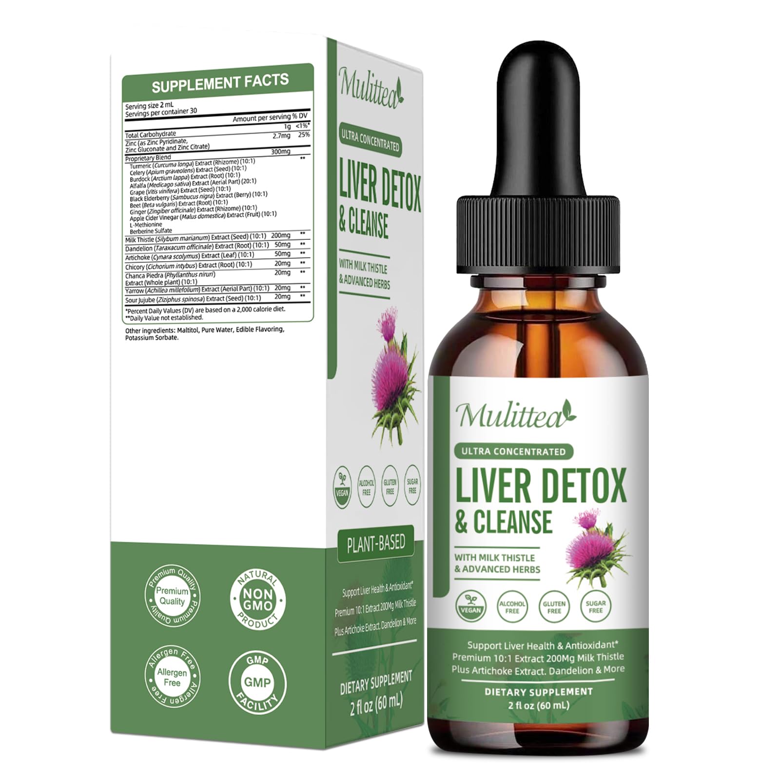 Mulittea – Gouttes Foie et Drainage Lymphatique: bouteille visible pour soutenir la détox naturelle.