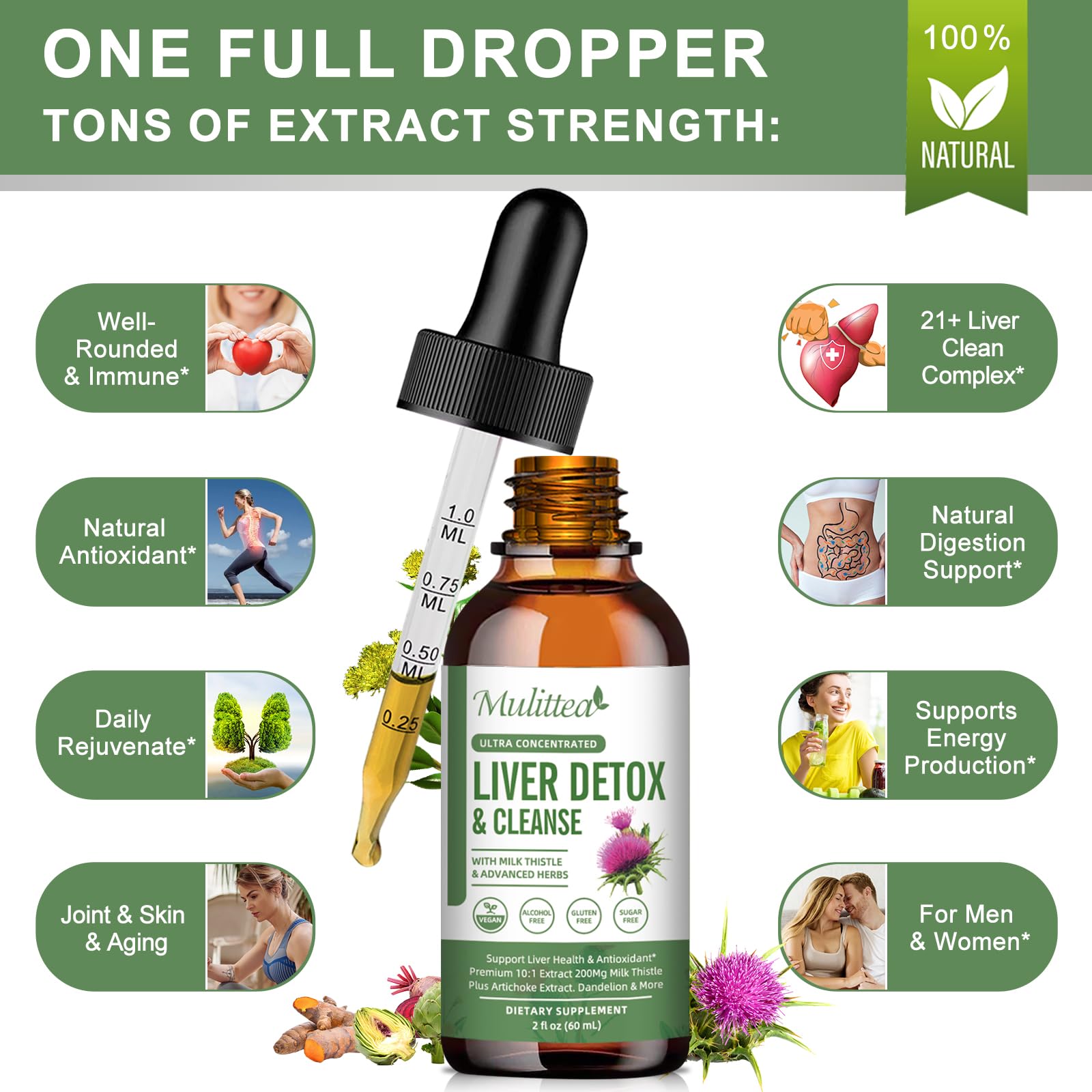 Mulittea – Gouttes Foie et Drainage Lymphatique: pissenlit racine pour la digestion.