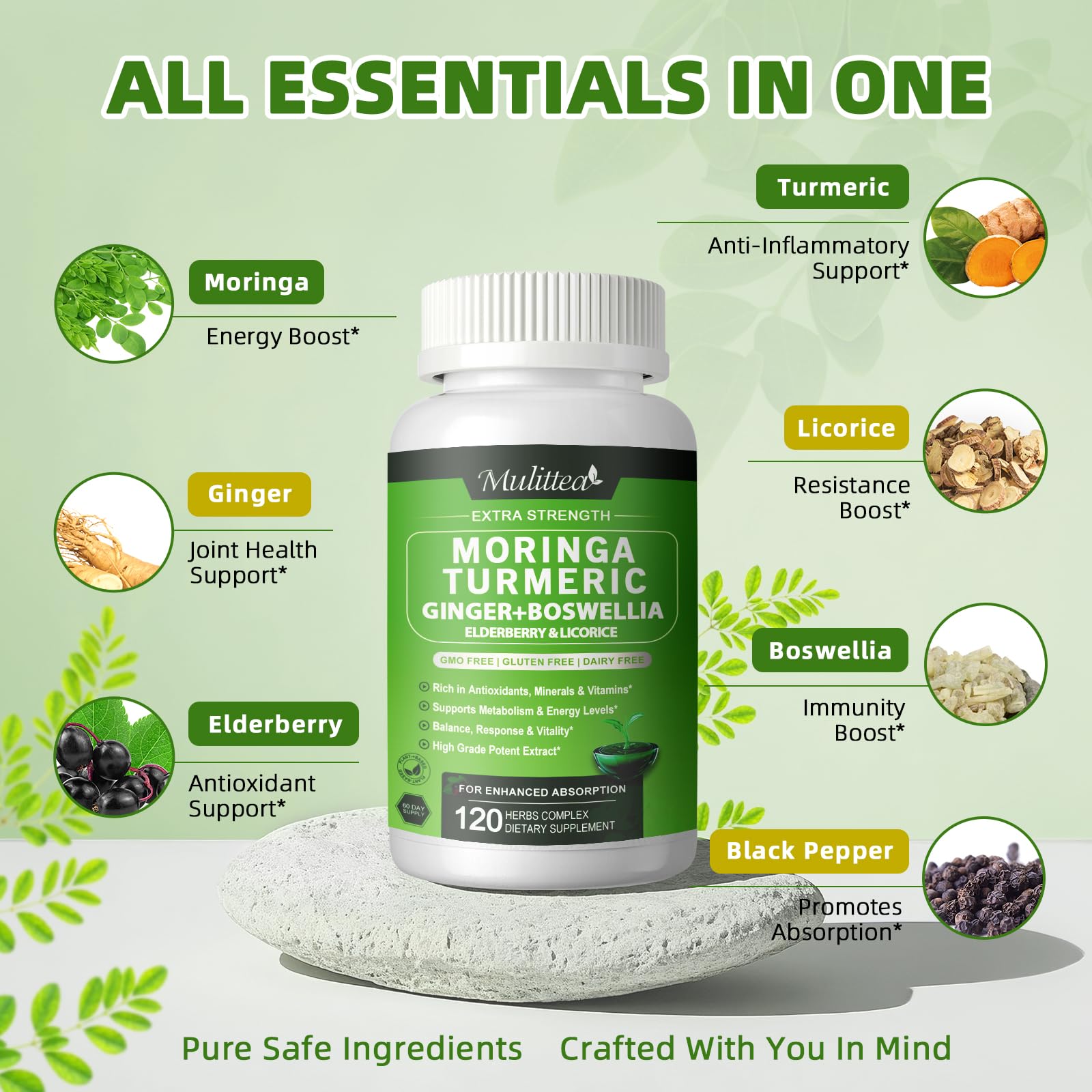 Mulittea Moringa Capsules, flacon fermé prêt à l'emploi pour usage quotidien.