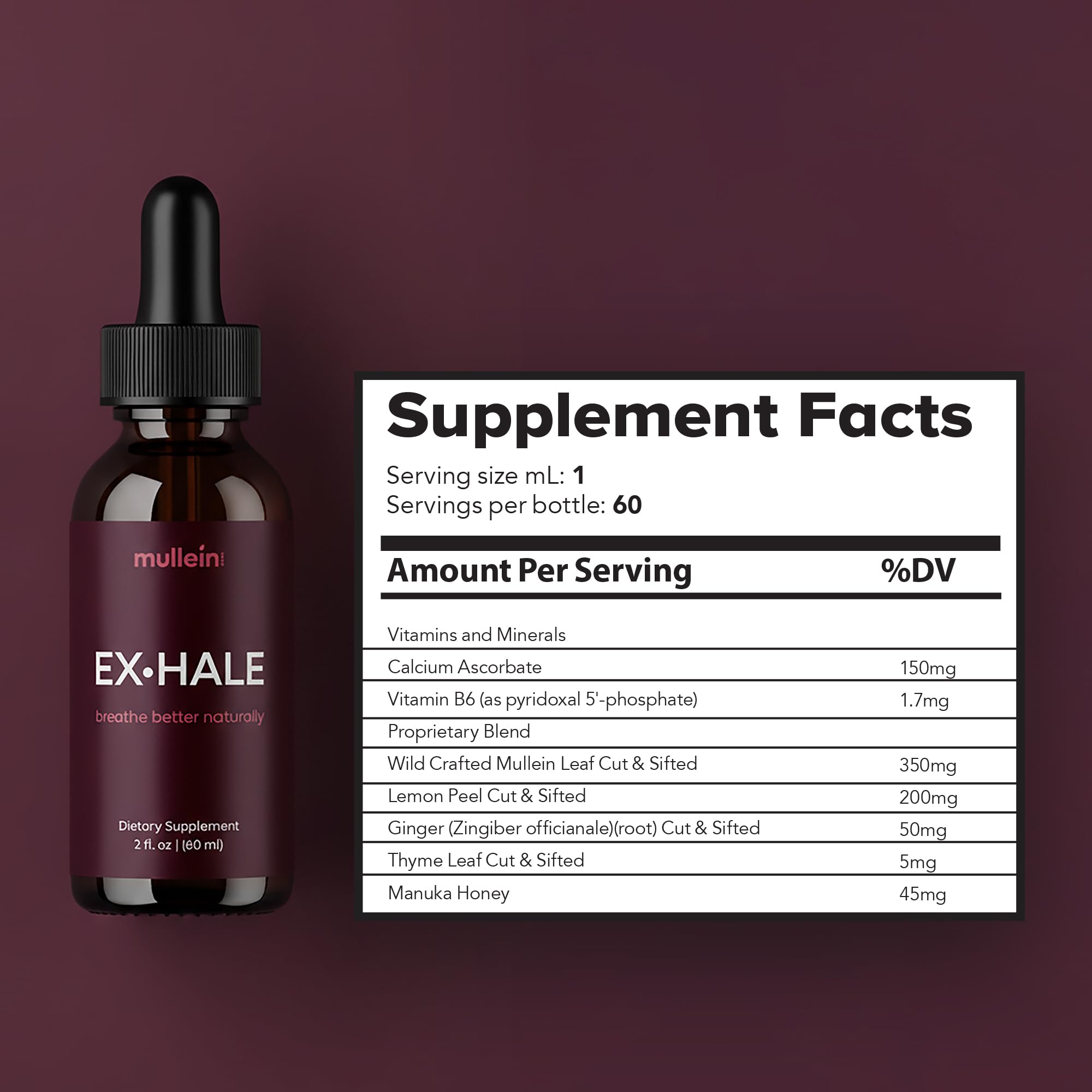 Bouteille Mullein Exhale Drops sur table, présentation soignée.