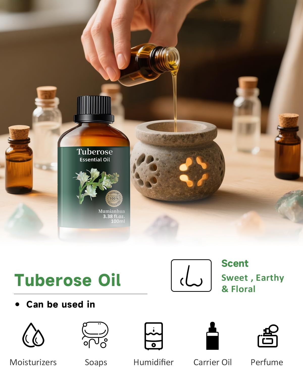 Bougies artisanales tubereuse Mumianhua — parfum élégant ambiance chaleureuse.